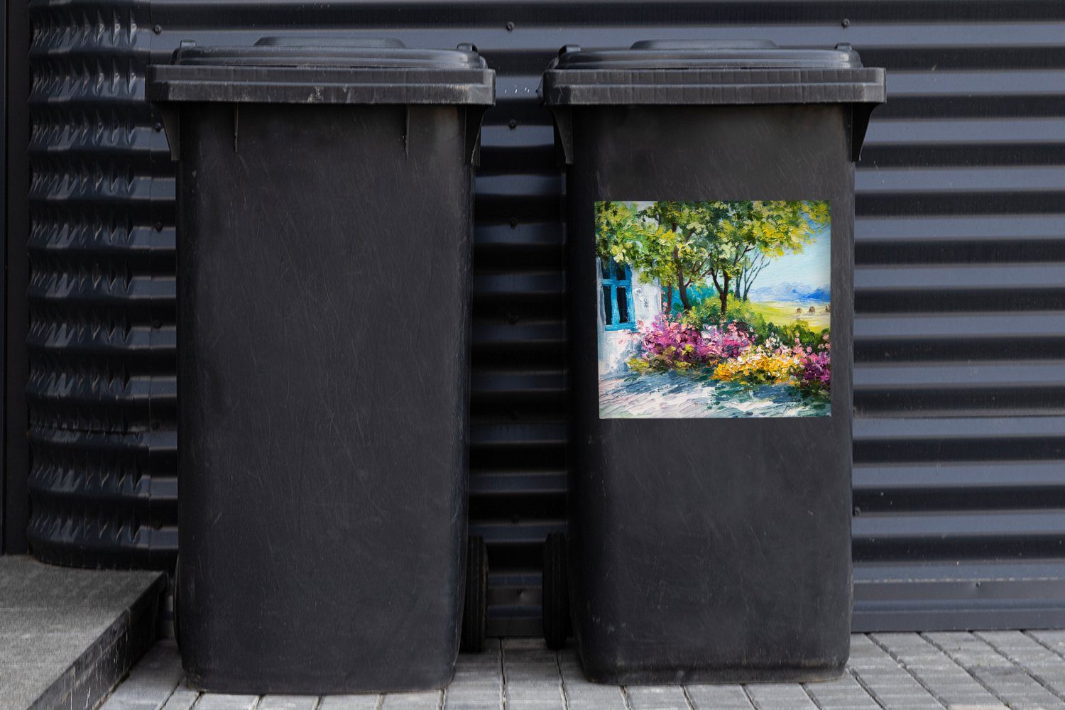 MuchoWow Wandsticker Malerei - Pflanzen Sticker, Abfalbehälter (1 Öl Haus St), Container, Mülltonne, Blumen - - - Mülleimer-aufkleber