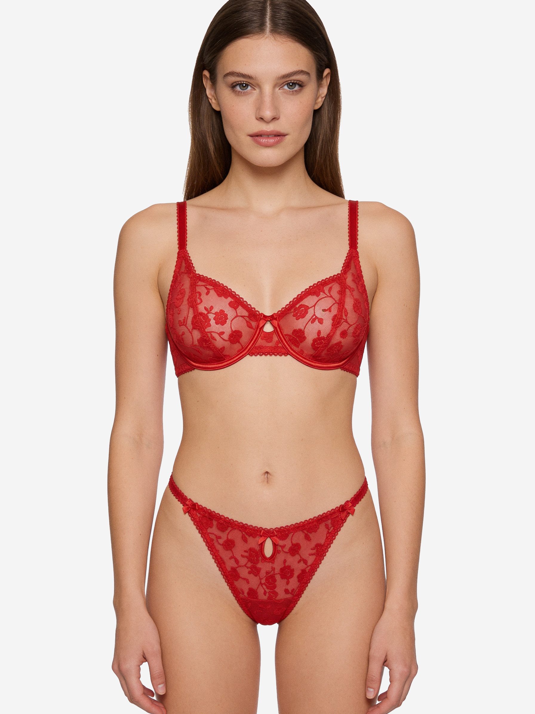 L.BEV Set: Bügel-BH Sexy Dessous-Set in Rot mit Rosendetails (Set, 2-tlg., Bügel-BH + Tanga) Hochwertige Damenunterwäsche - Sexy Unterwäsche für besondere Momente