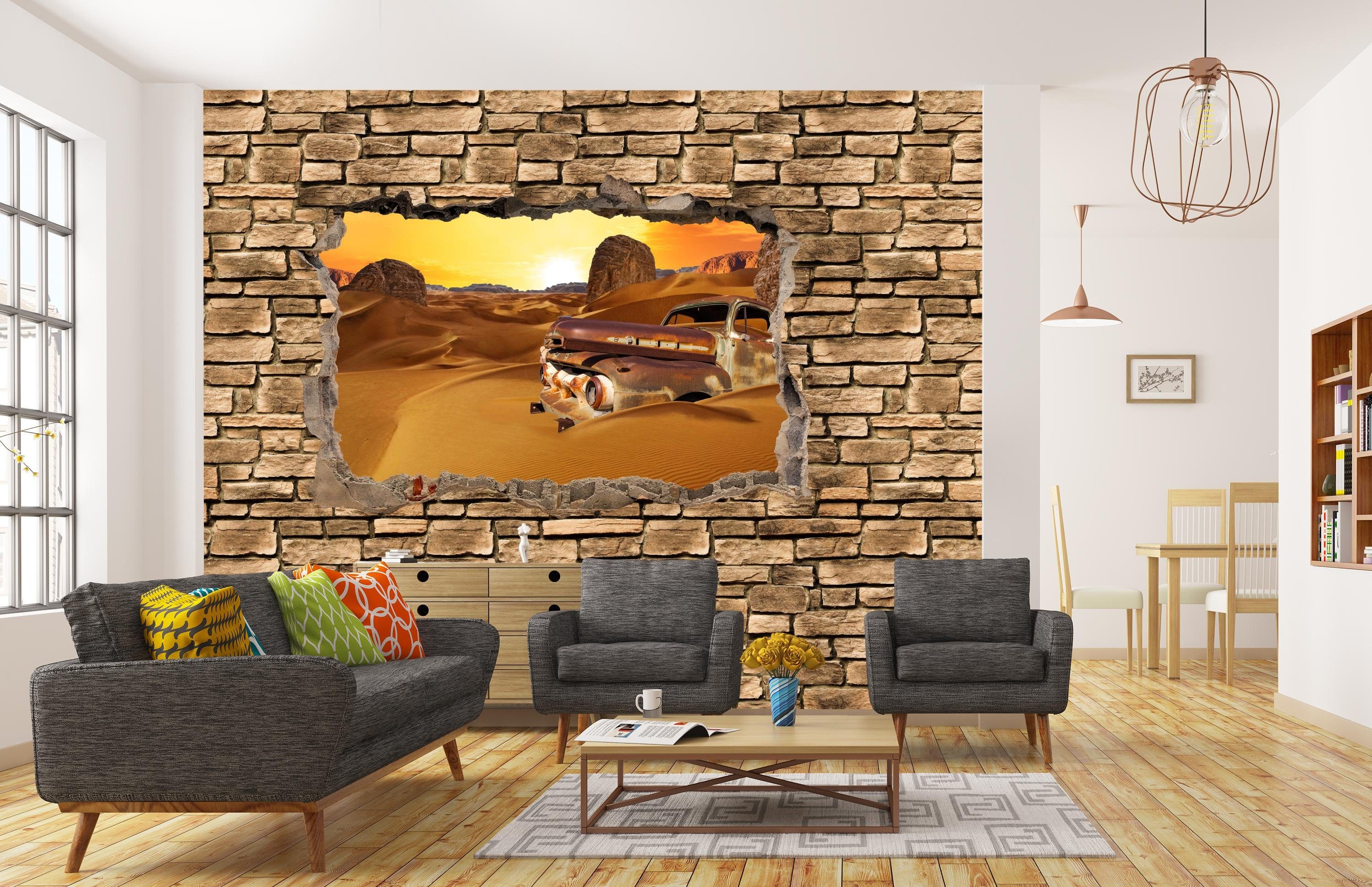 3D -Steinmauer, Fototapete Motivtapete, in Wandtapete, Wüste wandmotiv24 Vliestapete Altes matt, glatt, Auto der