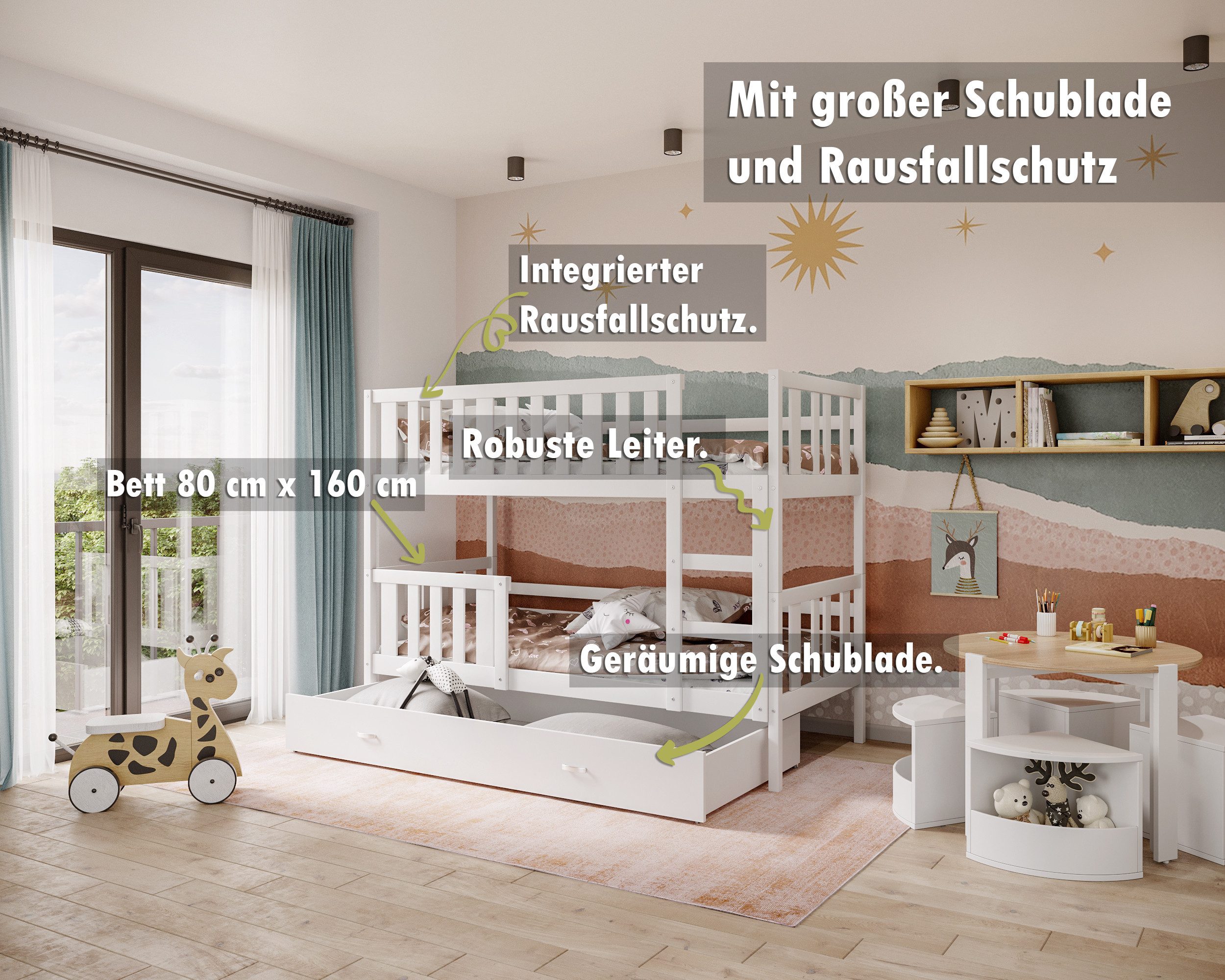 AJKmeble Hochbett mit Rausfallschutz, Etagenbett 80x160cm, günstig online kaufen