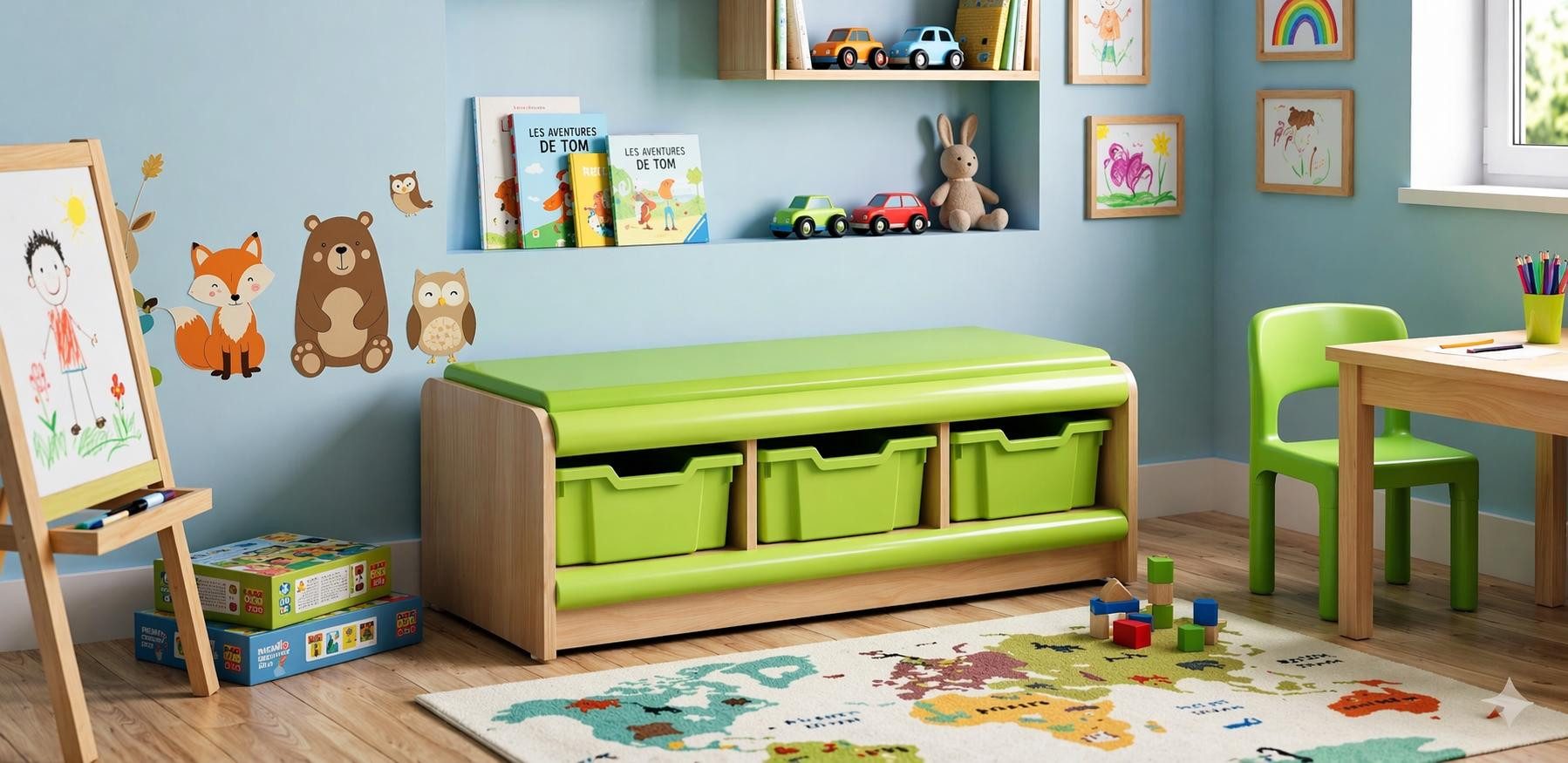 JVmoebel Truhenbank Praktische Aufbewahrungsbank mit grünen Boxen für Kinderzimmer, Made in Europa
