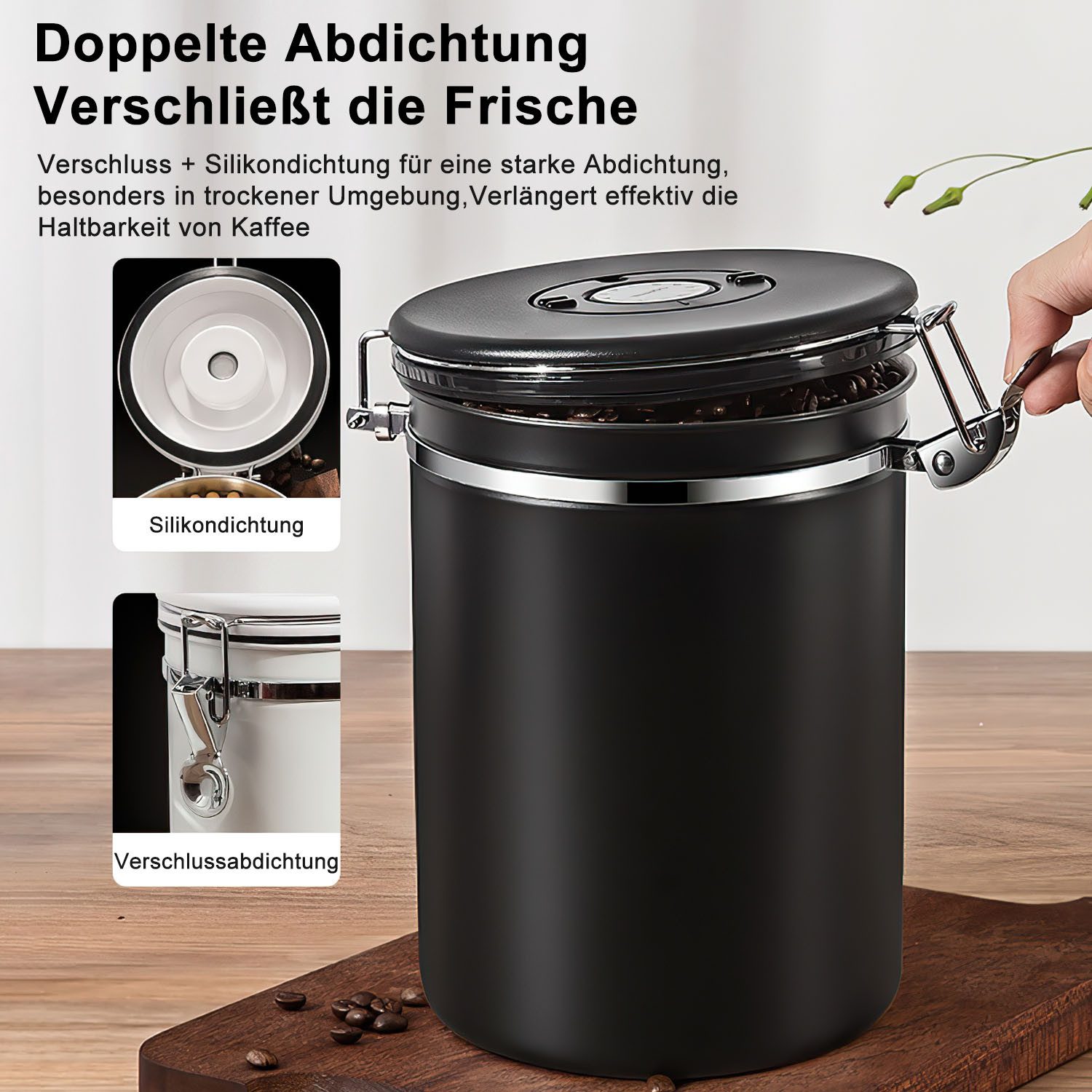 Refined Living Kaffeedose Vorratsdose luftdicht Edelstahl Kaffeebehälter 2800 ml mit Messlöffel, (mit Datumsmarkierung Aufbewahrungsdose Kaffeebohnen Aufbewahru – Bild 4 von 5