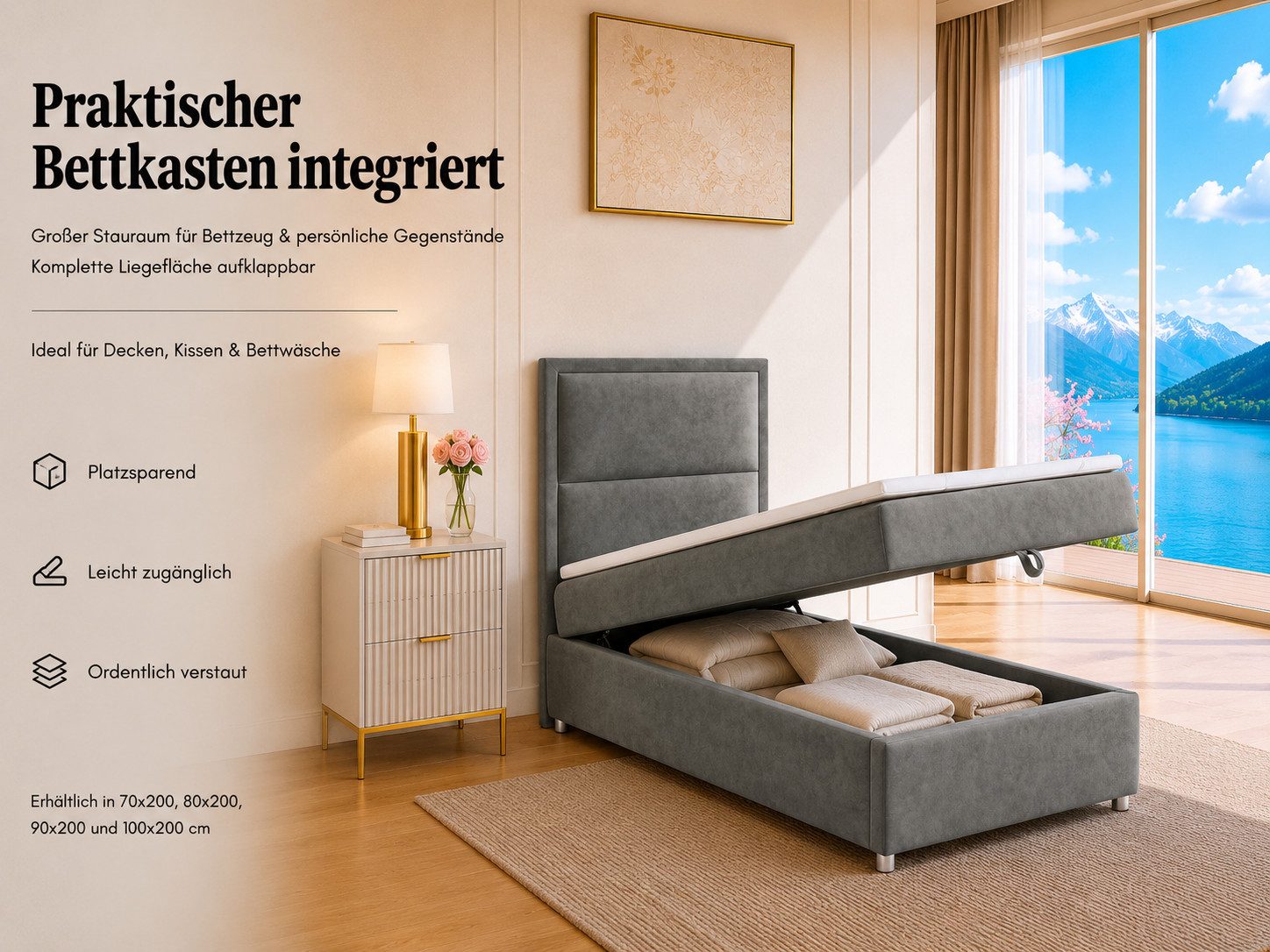 Best for Home Boxspringbett K-11 SINGLE mit Bettkasten, Bonellfederkern, Komfort Topper H3 (Hotelbett, Einzelbett, Kinderbett, Juniorbett, 5-St., 70x200 80x200  – Bild 5 von 5