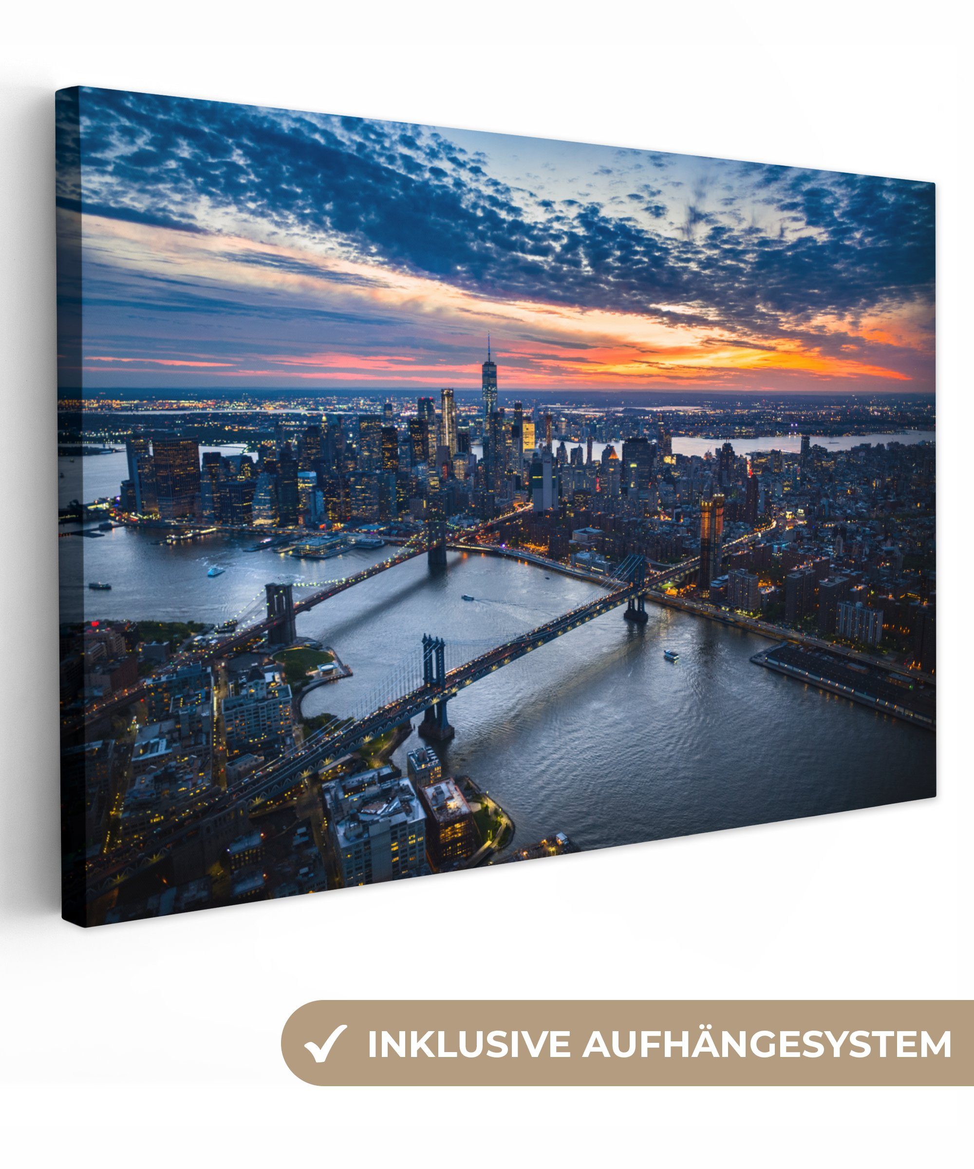 OneMillionCanvasses® Leinwandbild Die Brooklyn Bridge bei einem farbenprächtigen Sonnenuntergang in New, Fotodruck (1 St), Leinwand Bilder Klein, Wand Dekoration Aesthetic 30x20 cm