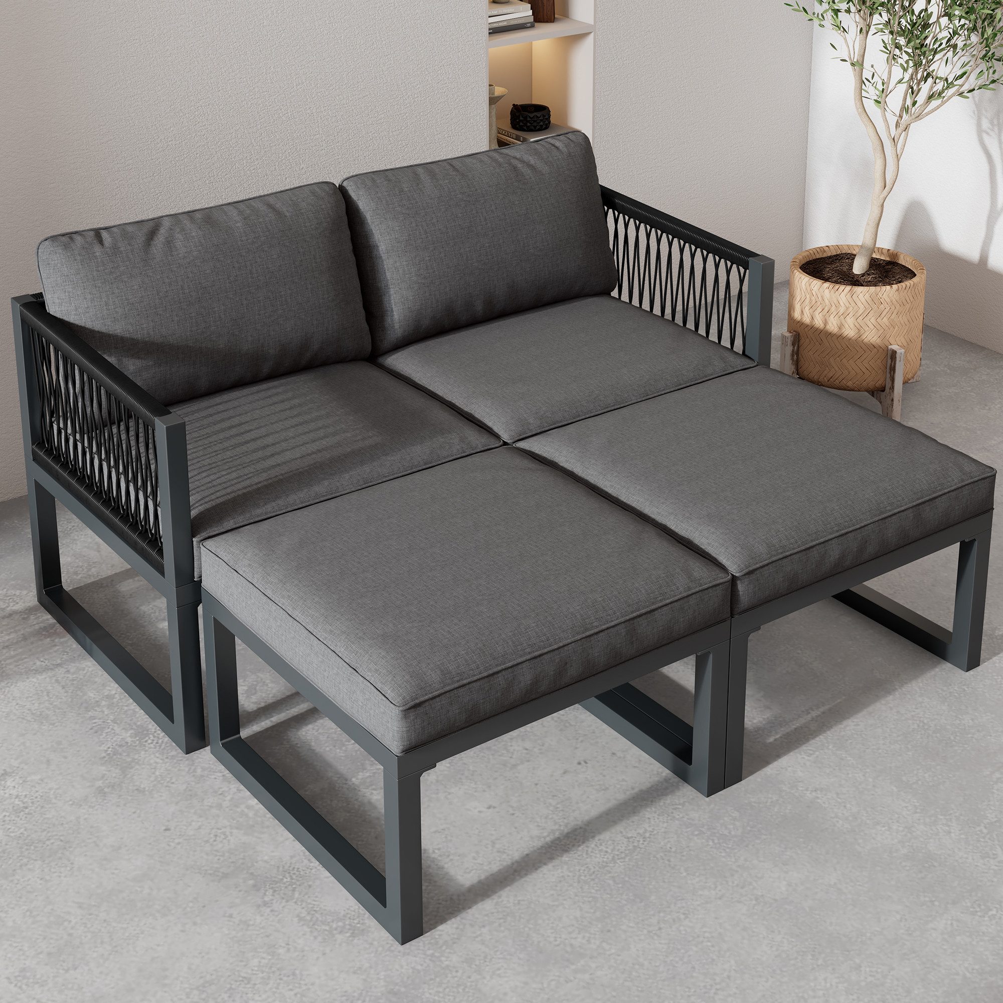 Merax Gartenlounge-Set Rope Seil Sitzgruppe, (Hocker höhenverstellbar), aus Polyrattan und Aluminiumrahmen, Gartenmöbel Set, Loungeset