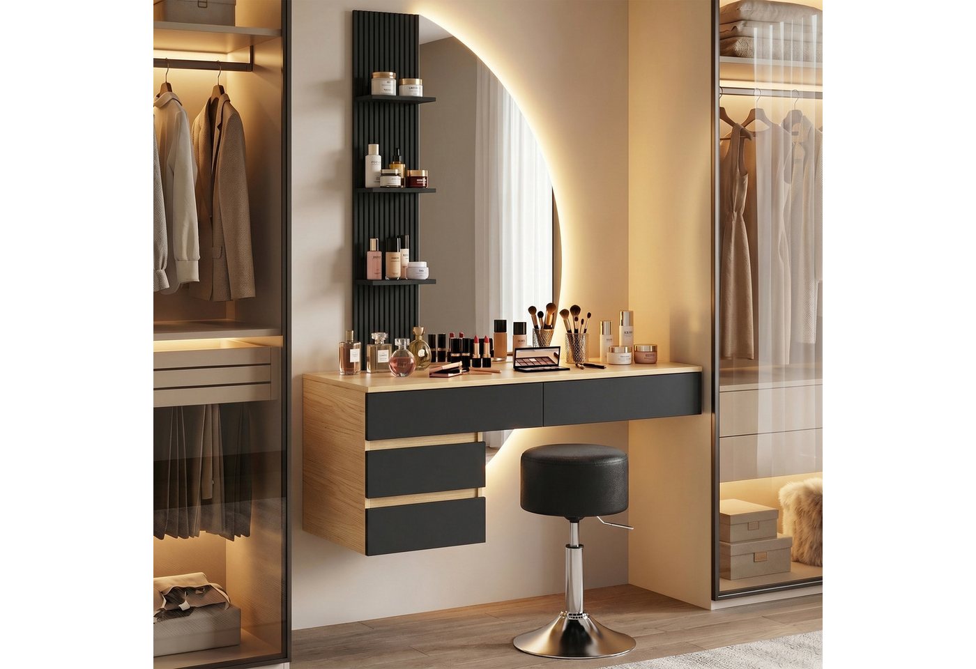 HOMALL Schminktisch Hängender Schminktisch mit drei einstellbaren Farbtemperaturen (LED-Silikon-Lichtleiste in drei Farben, Maße: 106 × 40 × 143 cm, mit 3 offenen Ablagefächern und 2 Schubladen, für vielfältige Einsatzmöglichkeiten geeignet)