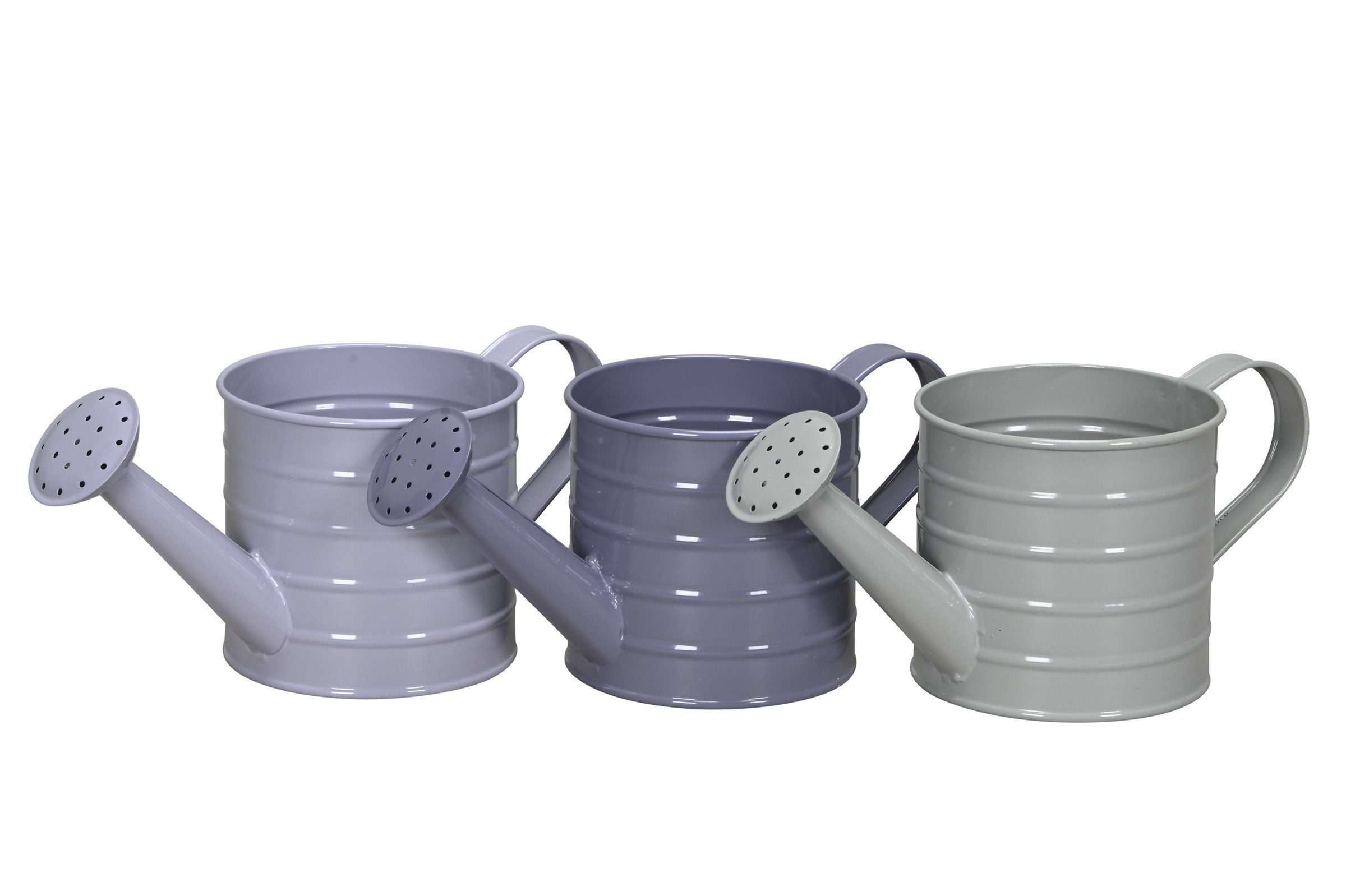 finehomegarden Gießkanne mit Henkel Metall 3farbig sort. 11x26cm H12cm flieder/lila/grau (3-tlg), Pflanztopf Blumentopf Pflanzgefäß Garten Kanne / Paket