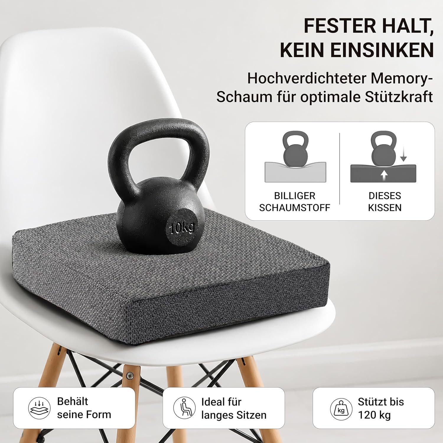 Stoffschmiede Sitzkissen Sitzerhöhung - orthopädisches Sitzkissen mit Memory Foam - 40x40x10cm, Ergonomisches Sitzkissen Stuhl als Sitzerhöhung und Aufstehhilfe