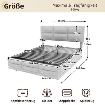 Fine Life Pro Bett Weicher, hautfreundlicher Samtstoff-Bett mit Hydrauliksystem, (großzügigem Stauraumbett, integrierten LED-Leuchten und USB-Ladegerät), ideal für Schlafzimmer und Wohnung