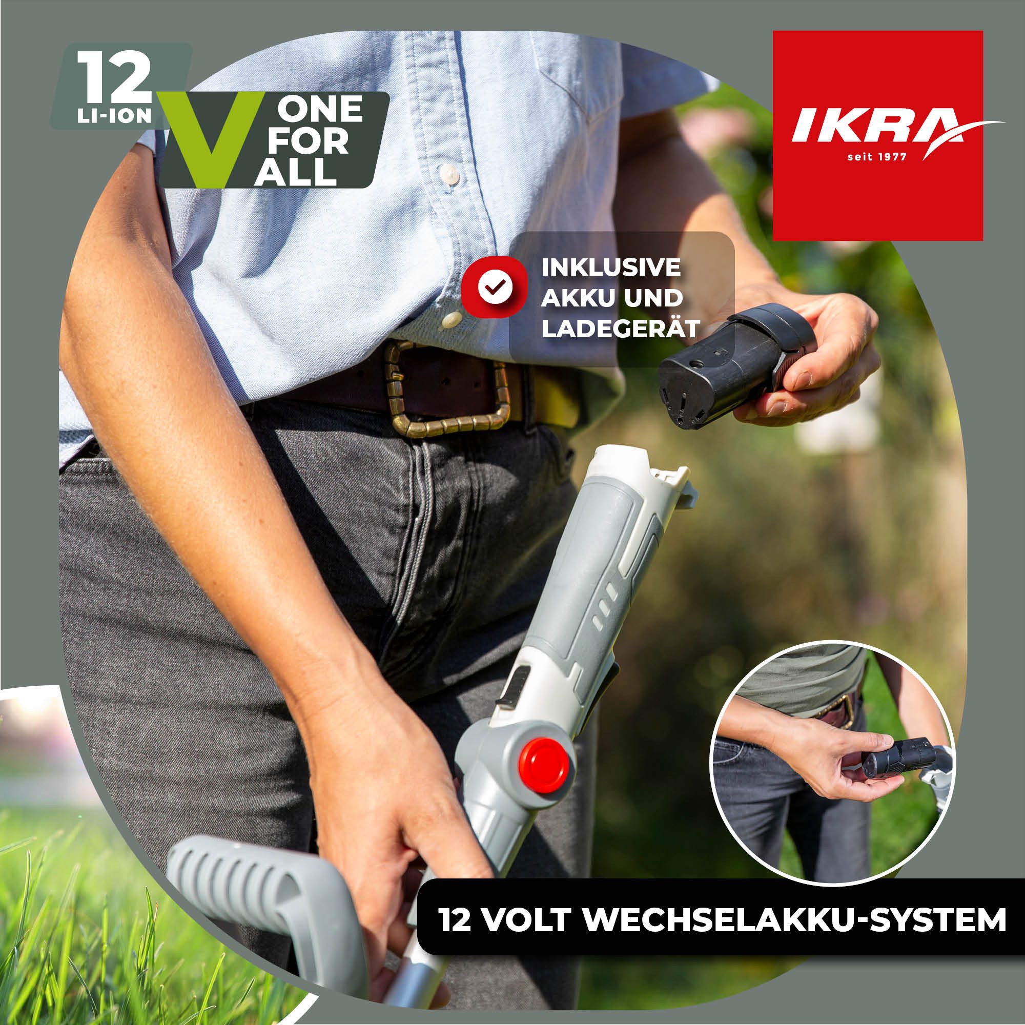 ikra GmbH Akku-Rasentrimmer IART 1224, 24 cm Arbeitsbreite Messer, 12 Volt-Akku / Kompakt & Leicht: Nur 1,5 kg Gewicht