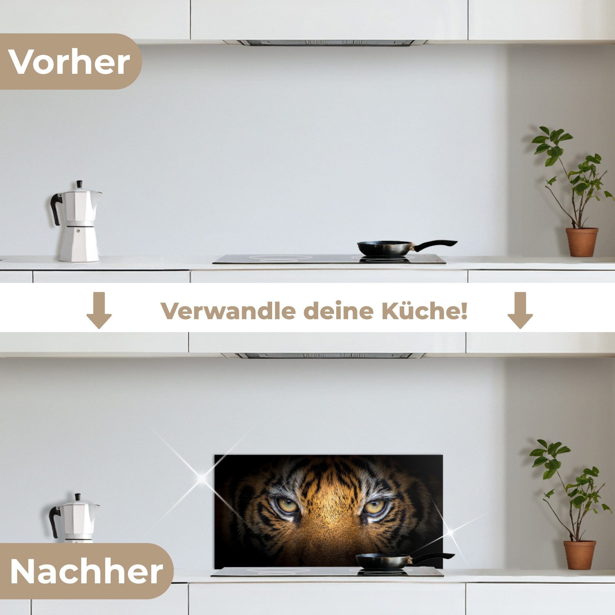 KitchenYeah Küchenrückwand selbstklebend (keine Folie) Tiger - Schwarz - Tier, (1-tlg), Küchenrückwand, Spritzschutz, Kitchen, 60x30 cm – Bild 4 von 5