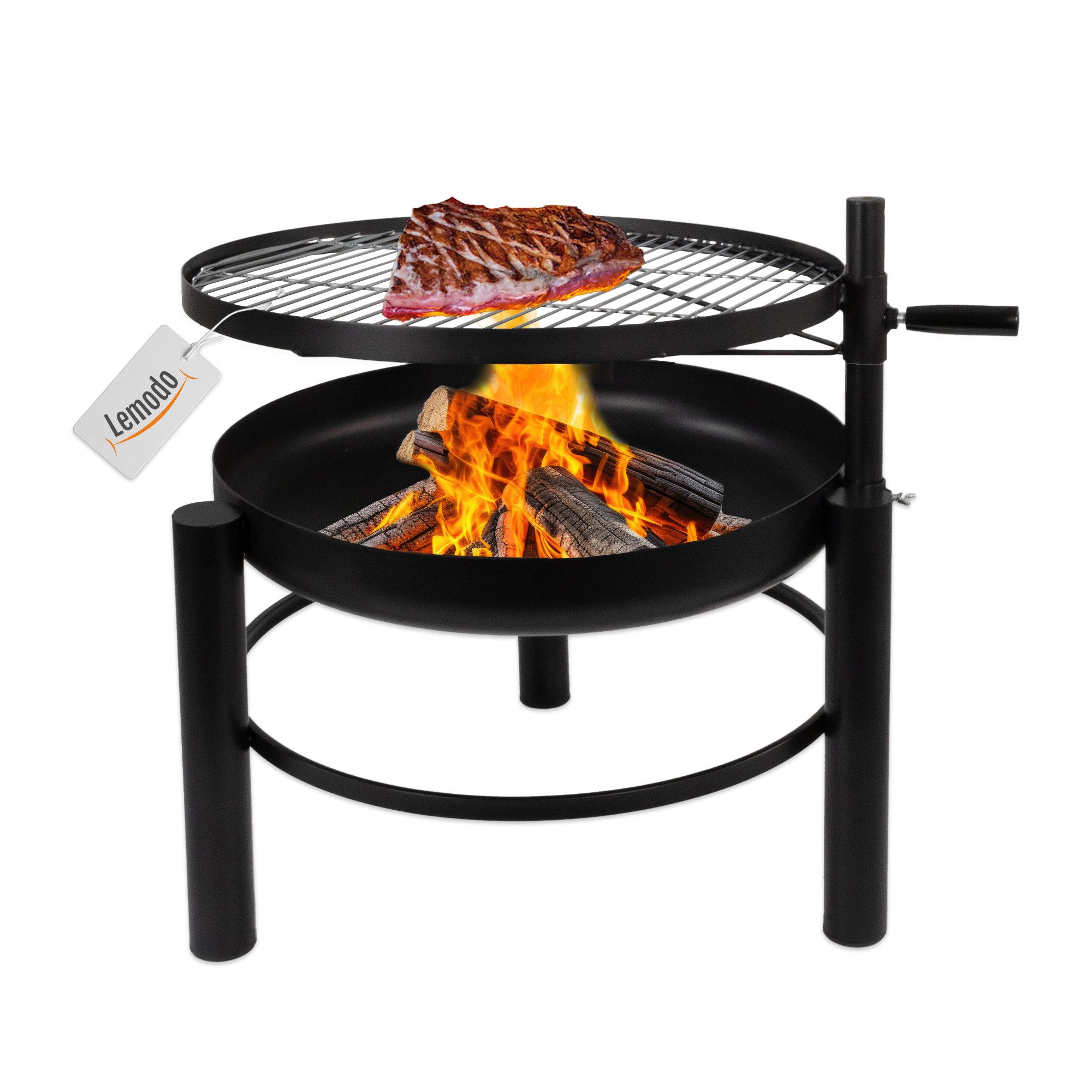 Lemodo Feuerschale mit Grillrost, Schwenkgrill höhenverstellbar Ø60cm Stahl, LxBxH:77x67x69cm, mit Grillrost ausgestattet, Stahl