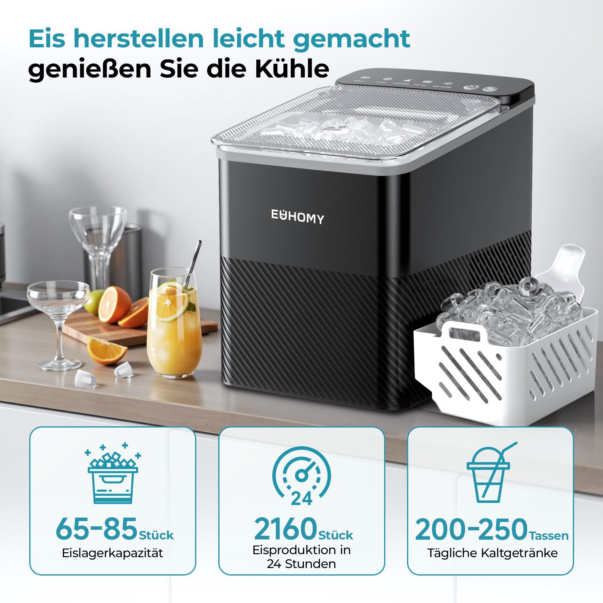 EUHOMY Eiswürfelmaschine Kompaktes Design, Ein-Knopf-Einstellung, 9 Eiswürfel in 2 Größen,für Büro/Küche/Schlafzimme