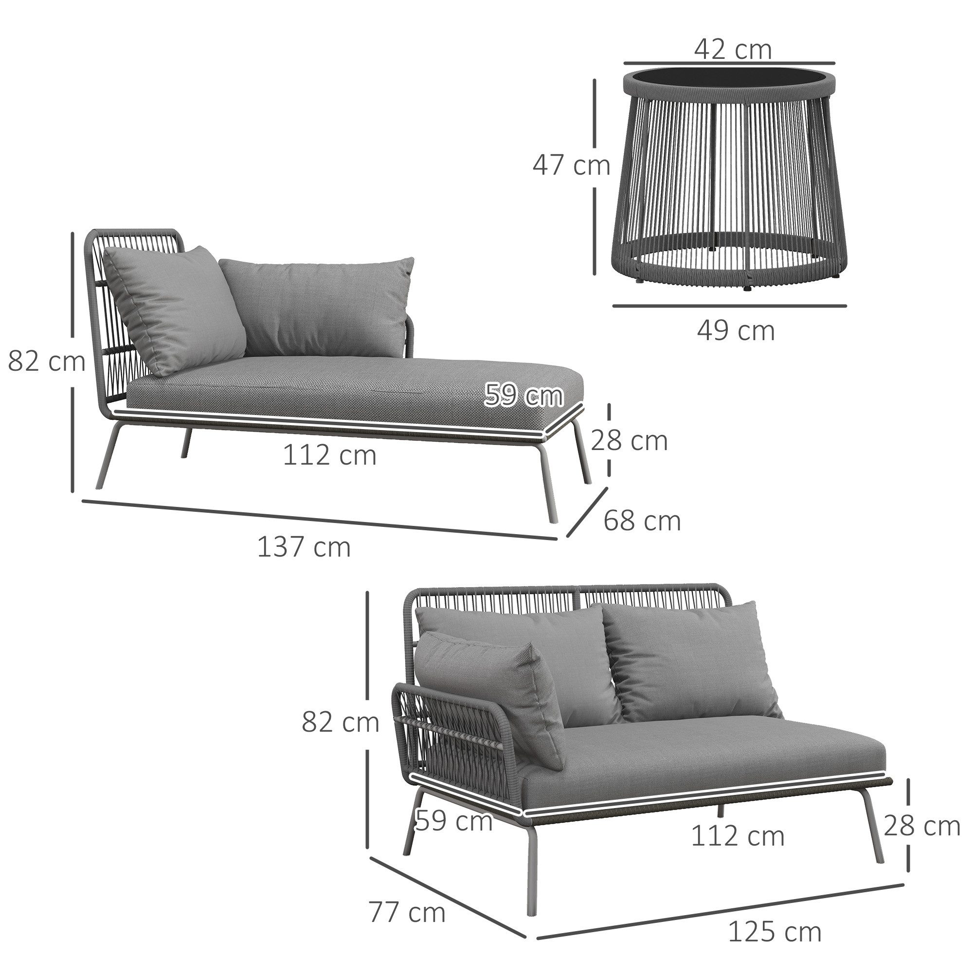 Outsunny Gartenlounge-Set Gartenmöbel-Set mit Kissen mit Beistelltisch, (Polyrattan Lounge Set, 3-tlg., Gartengarnitur), für Garten, Terrasse, Stahl, Hellgrau