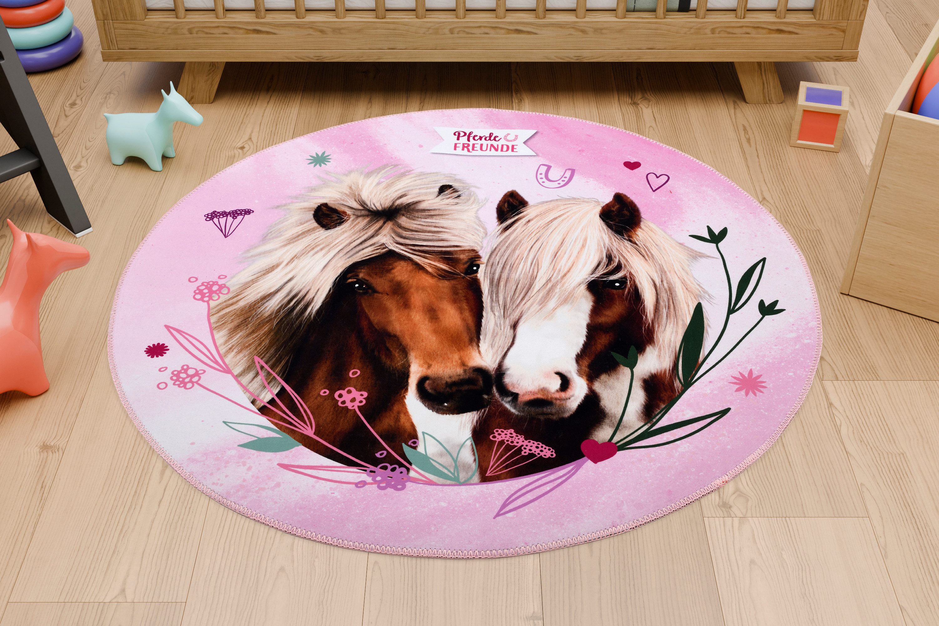 Pferdefreunde Kinderteppich Pferdefreunde rosa rund, Höhe: 6 mm