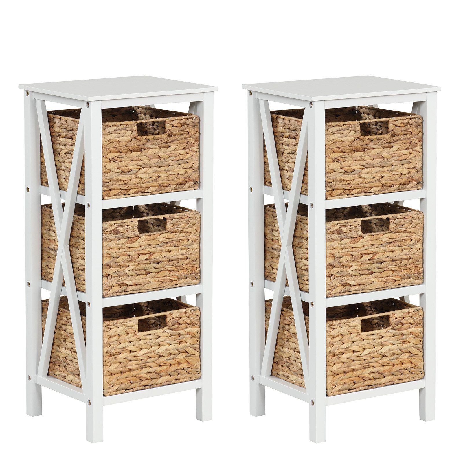 COSTWAY Nachttisch (2-St), mit X-Gestell&Seegraskörben, Holz 36x30x80cm weiß