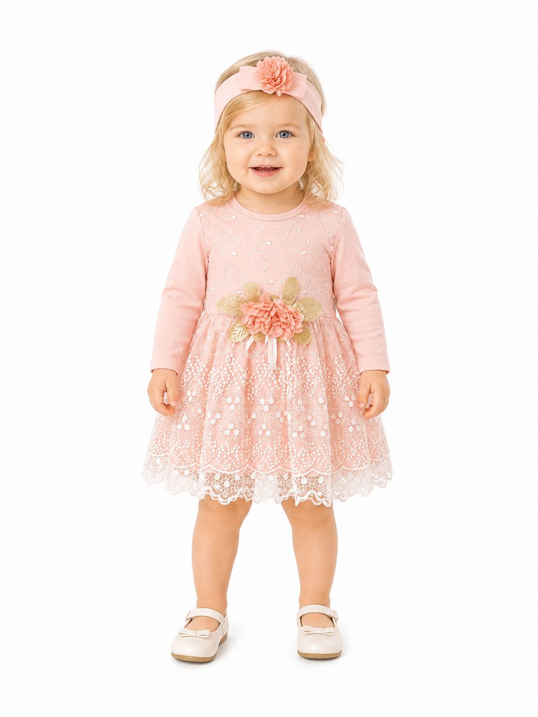 Lorey Medtec Taufkleid Baby Mädchen Kleid mit Stirnband Festliches Spitzenkleid Rosa (Kleid + Stirnband) Spitze