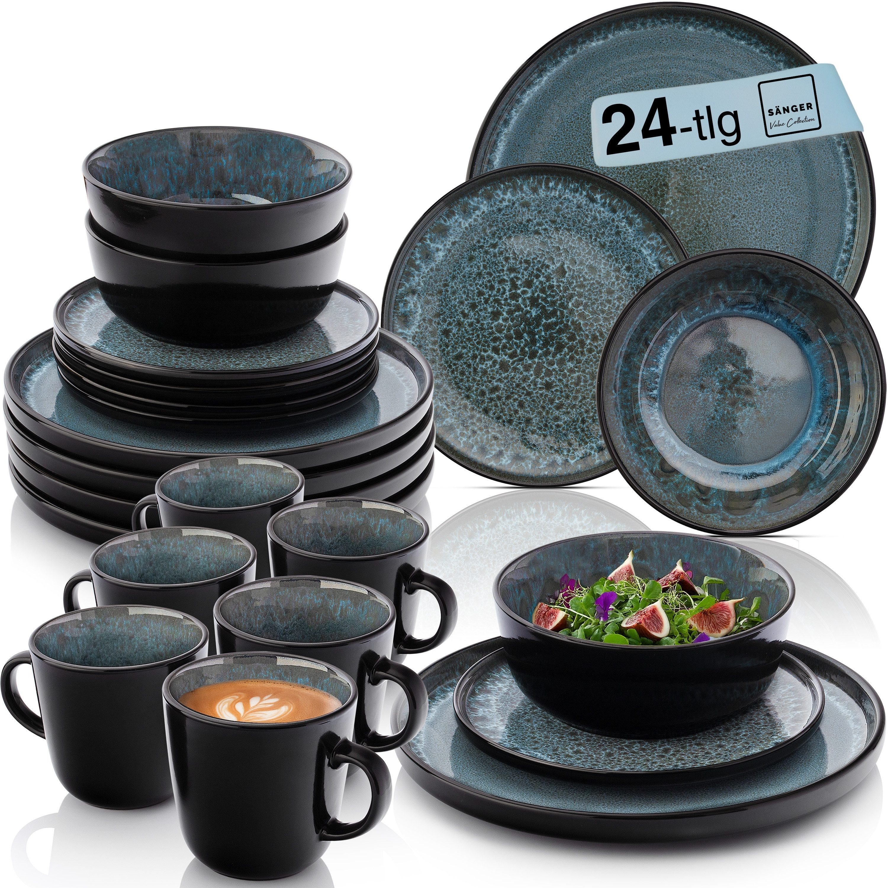 SÄNGER Tafelservice Manila Geschirrset (24-tlg), 6 Personen, Steingut, Blau-Schwarz, Handmade, Erweiterbar, VALUE COLLECTION