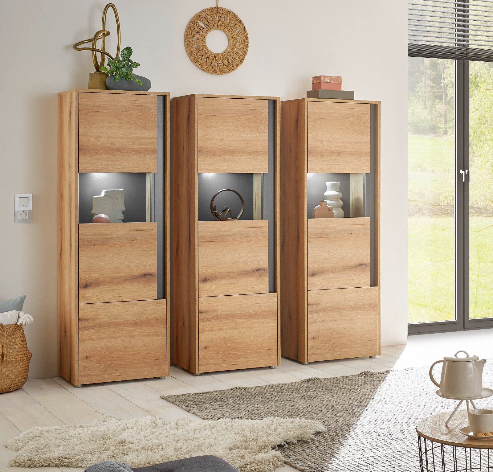 Furn.Design Schrank-Set Center, (in Evoke Eiche mit grau, 3x Vitrinenschrank), mit viel Stauraum