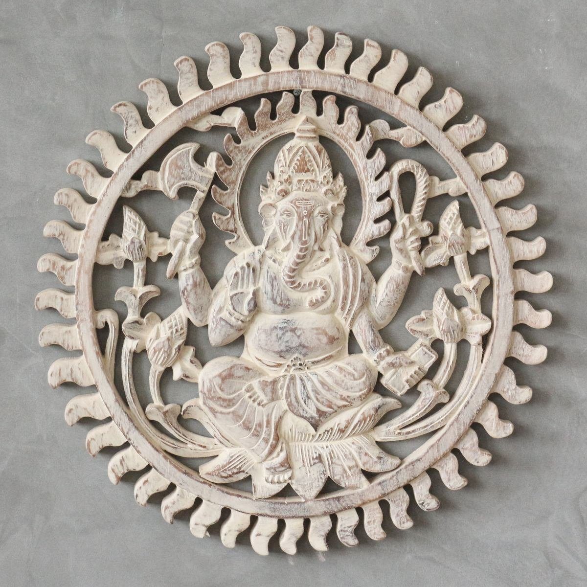 Oriental Galerie Holzbild Wandbild Relief (1 cm, 40 Ganesha Holz St), Weiß Ganesha Handarbeit
