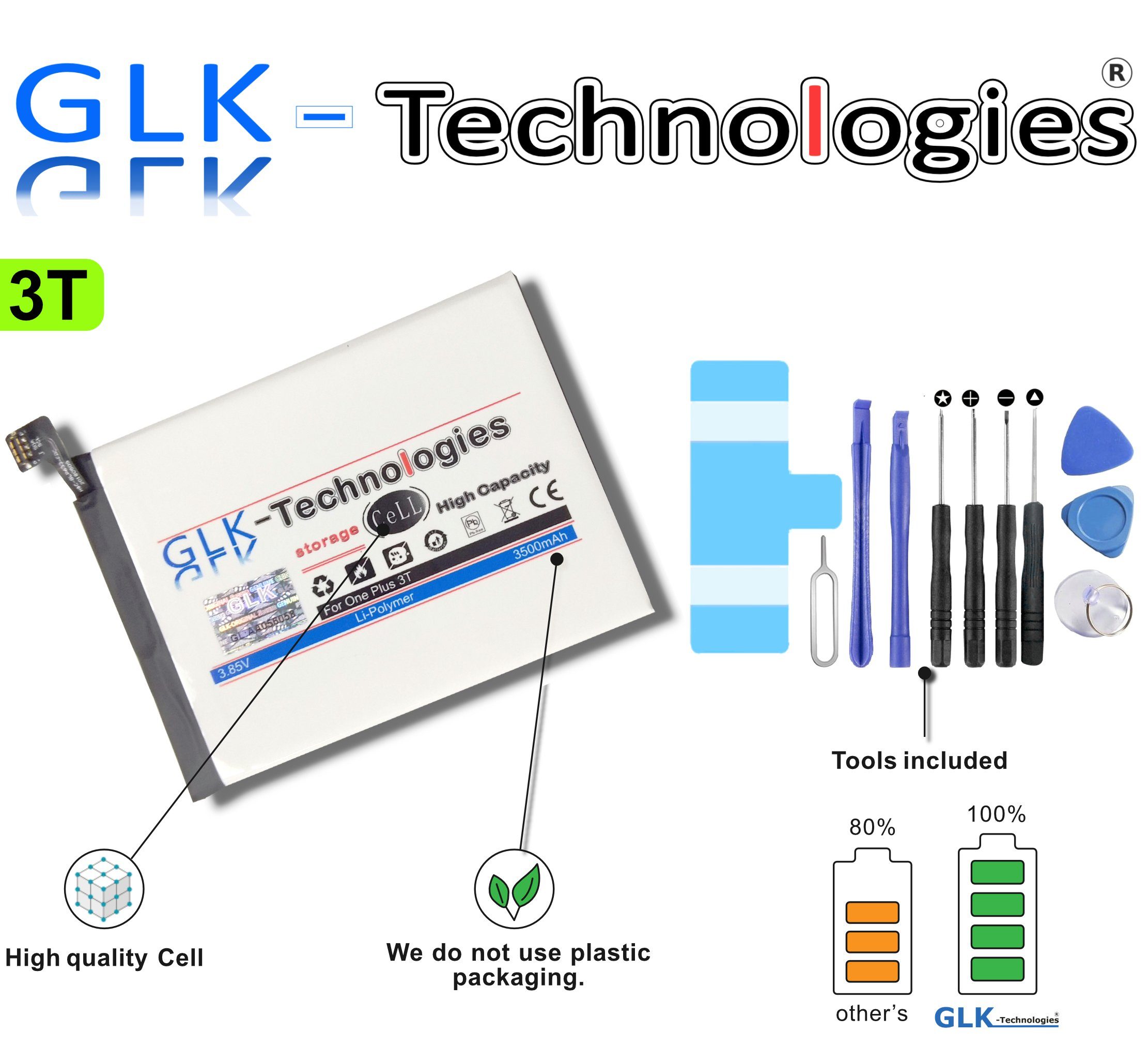 GLK-Technologies High Power Akku für 1+ OnePlus 3T / One Plus 3T, Original GLK-Technologies® Batterie, 3500 mAh Kapazität, inkl Werkzeugset NEU Smartphone-Akku 3500 mAh (3.8 V)