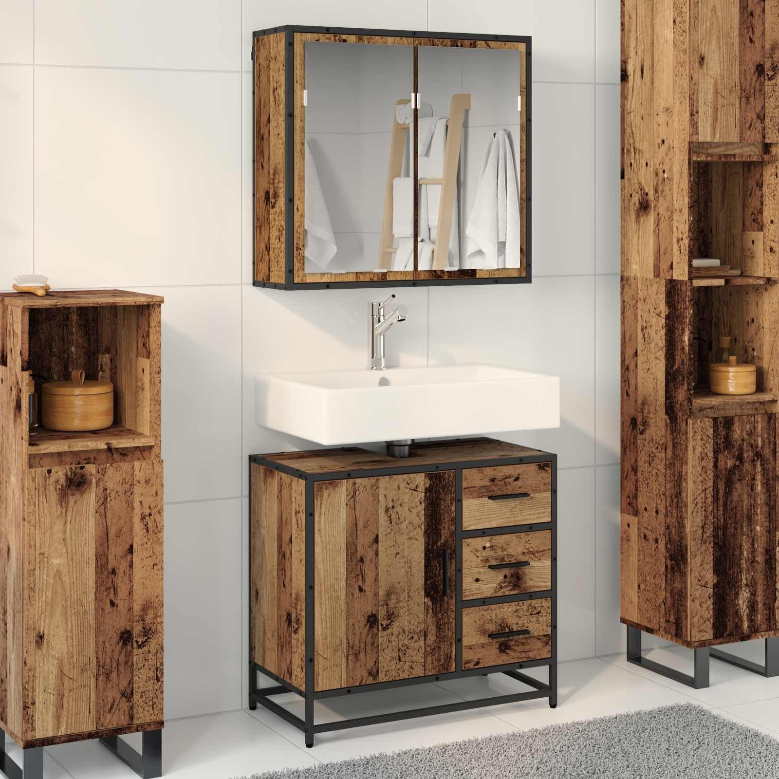 vidaXL Badezimmer-Set Badezimmermöbel-Set 2 stk. Altholz 65 x 33 x 60 cm, (2-St)