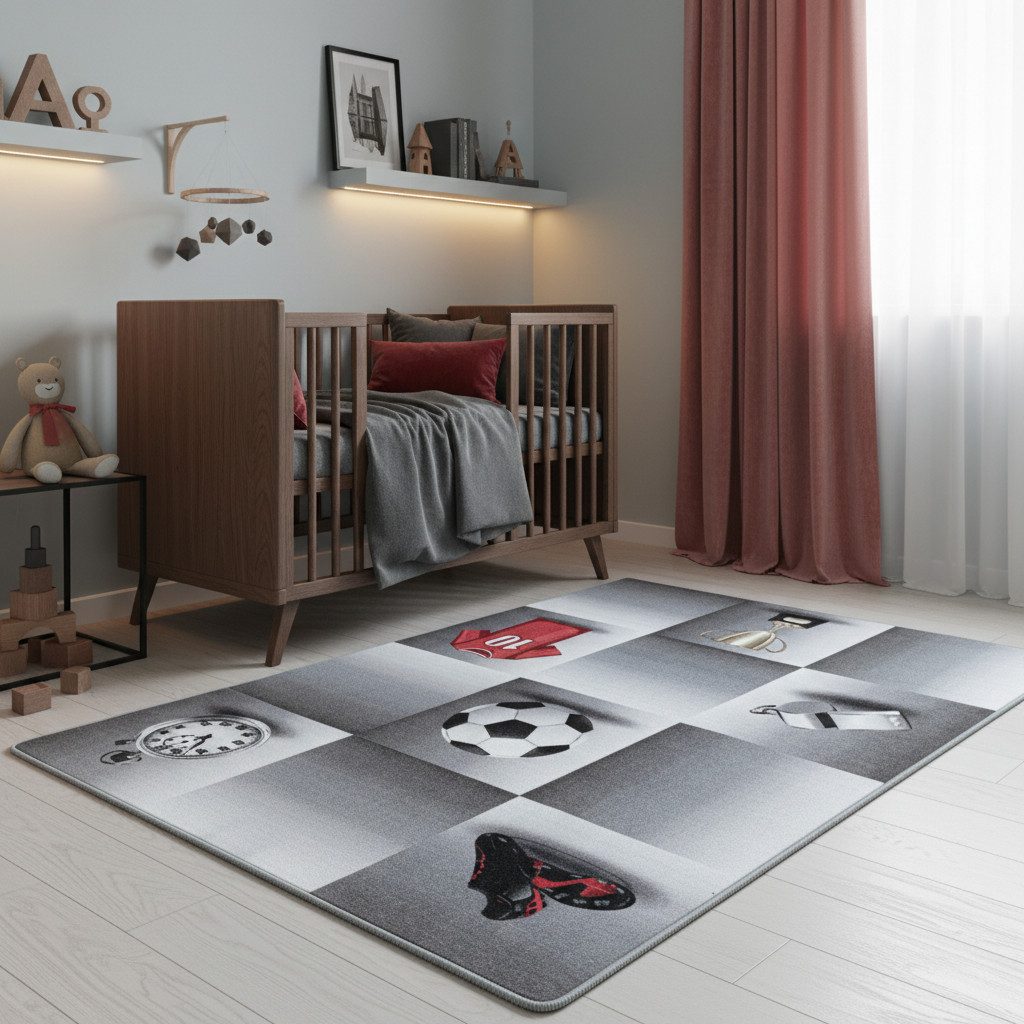 KADIMA DESIGN Kinderteppich TRAUN Spielteppich Kinderzimmer Waschbar Webteppich Rutschfest, Rechteckig, Höhe: 8 mm, 80x120 cm, Strapazierfähig Fußbodenheizung Fußball Polyamid Waschbar