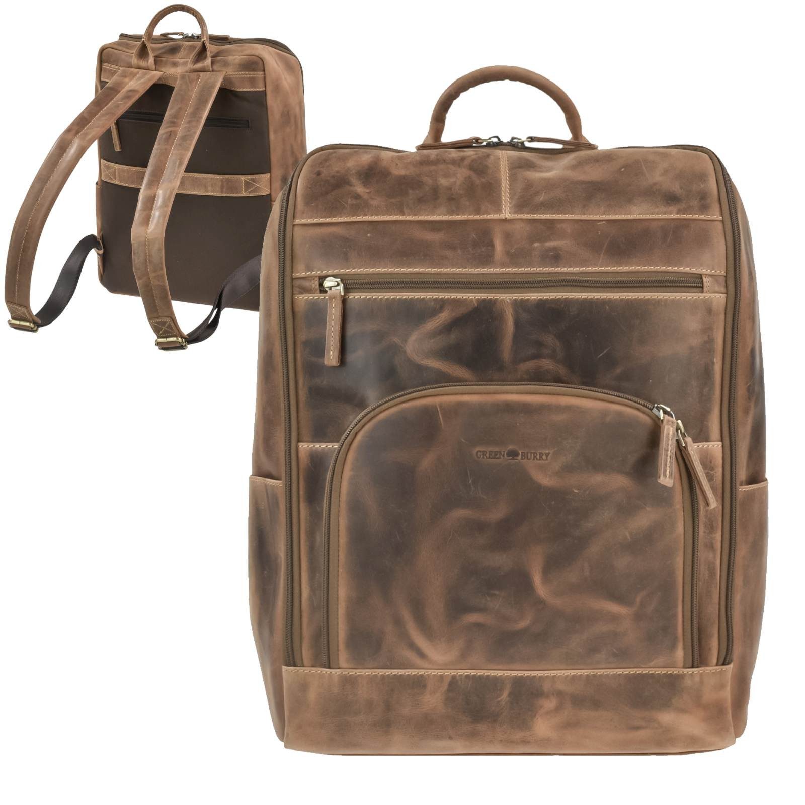 Greenburry Notebookrucksack "Vintage" Leder Laptop Rucksack Damen Herren, Rucksack, Freizeitrucksack, Business mit Notebookfach