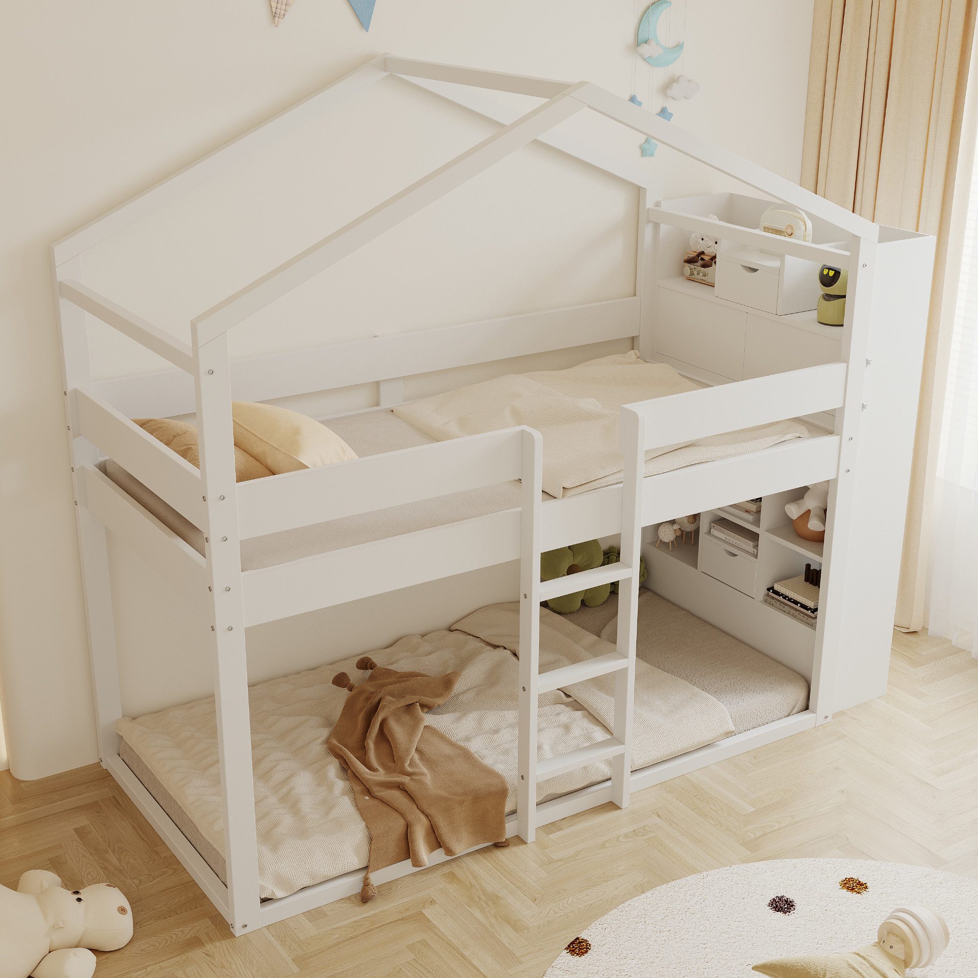 Merax Hochbett 90×200cm aus Kiefernholz (Etagenbett Jugendbett Stockbett, 1-St) Kinderbett mit Staufächern, Leitern, Sicherheitsgeländern und Dach