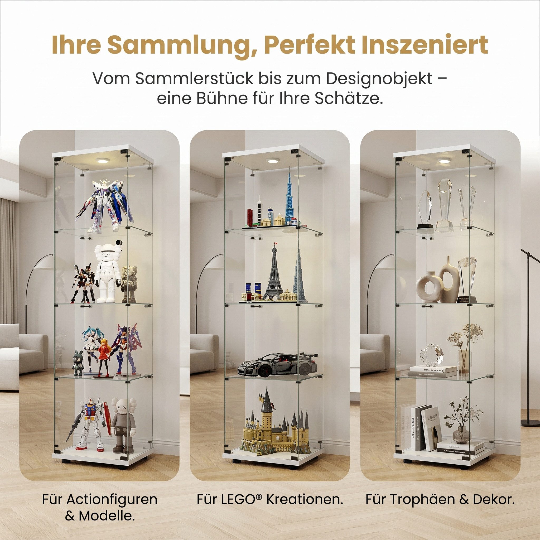 NMCXXO Glasvitrine Glasvitrine mit LED-Beleuchtung, modern und stilvoll (1 tlg) Standvitrine/Glasvitrine Glastür 4-lagig, Große Kapazität