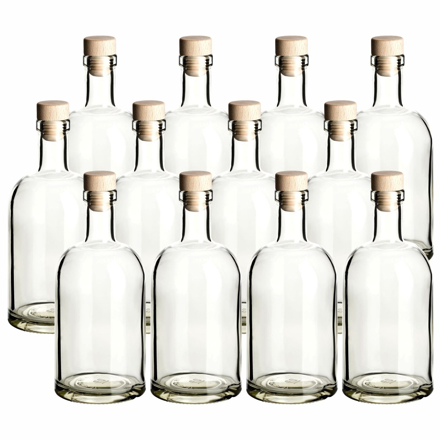 gouveo Trinkflasche Glasflaschen “Klassik” mit Korken - Runde Flasche aus Glas, 12er Set 500ml, transparent, Holzgriffkorken