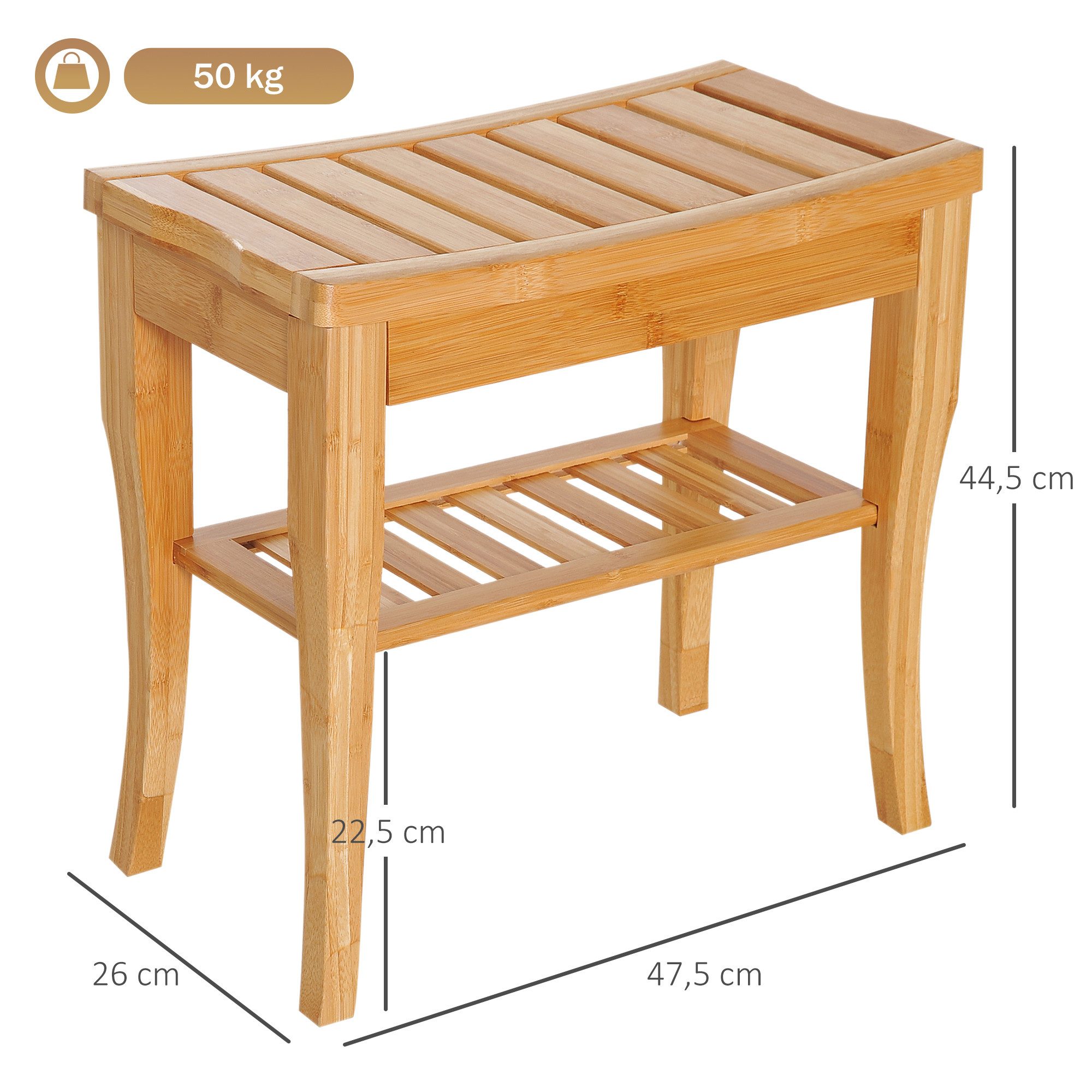 HOMCOM Dusch- und Badhocker Badhocker mit Ablage Duschsitz Duschstuhl Badstuhl Badregal, belastbar bis 130 kg, aus Bambus Natur 47,5 x 26 x 44,5 cm – Bild 3 von 5