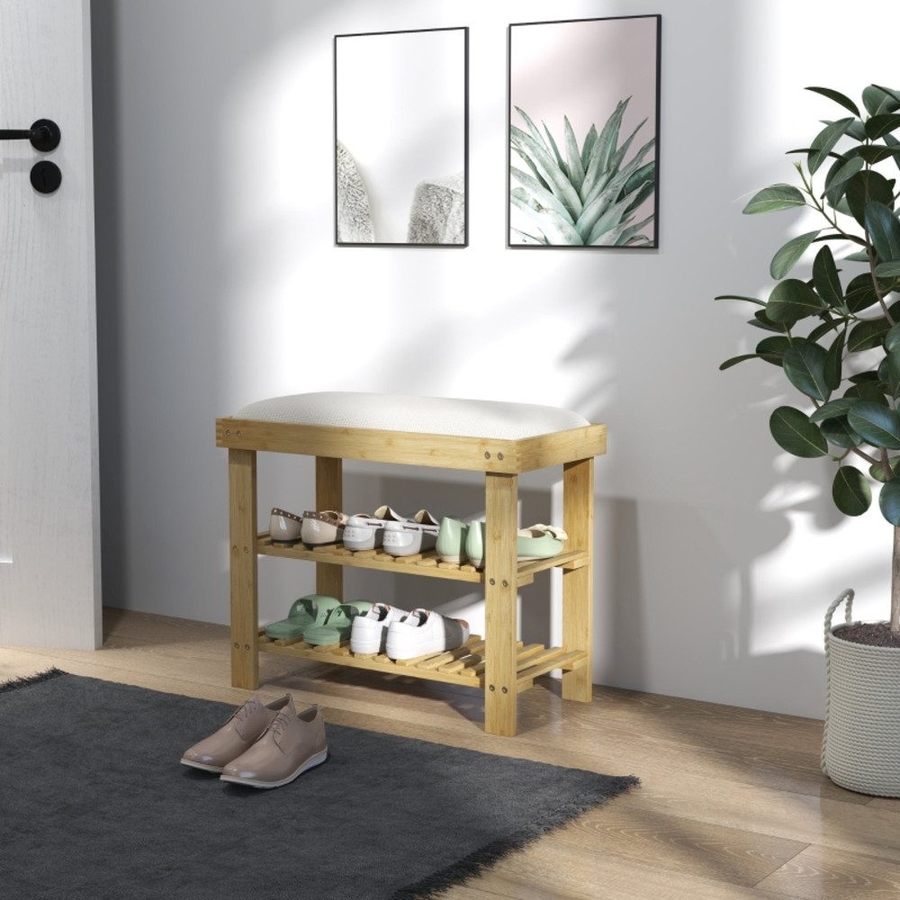 OKWISH Schuhbank 60x49x29 cm mit Sitzkissen aus Bambus – Cremeweiß (Packung, 1-St., Sitzfläche mit Stauraum & 2 offenen Fächern), Garderobenbank für Wohnzimmer & Flur, platzsparend