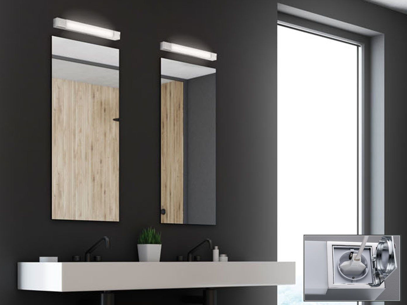 FISCHER & HONSEL Spiegelleuchte, IP 44, mit Steckdose, LED fest integriert,  Warmweiß, 2er SET Wand Bad-Lampen 60cm, Badezimmerlampen für Badezimmer- Spiegel