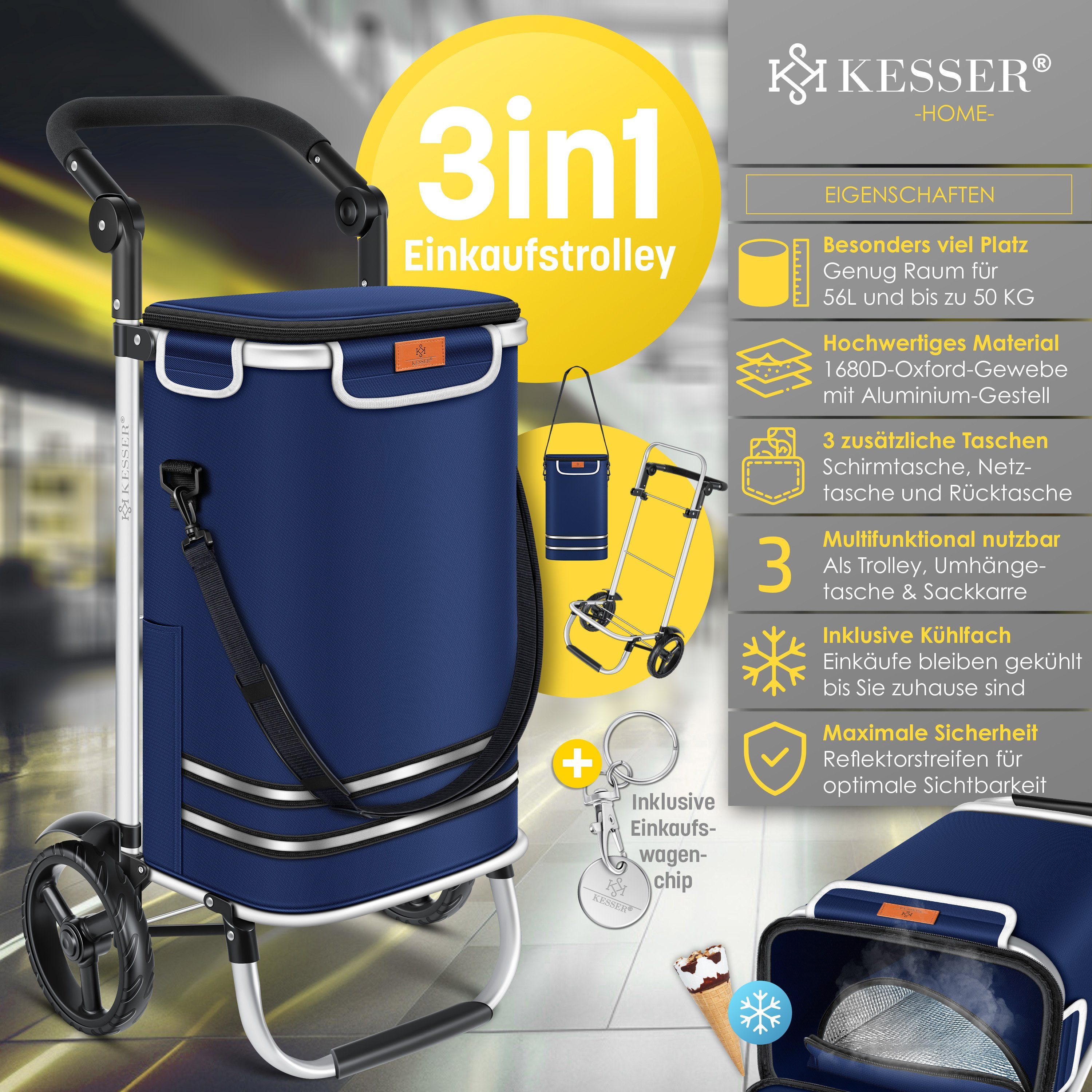 KESSER Einkaufstrolley, klappbar mit 56L Kapazität und belastbar bis 50 kg