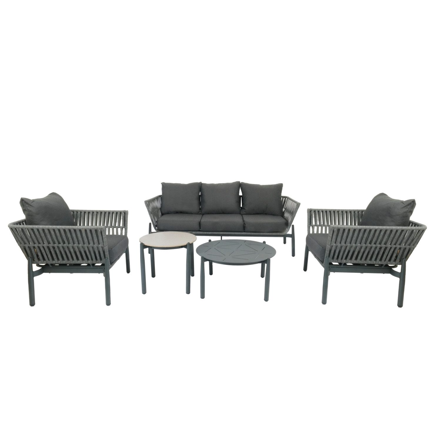 Campo Limon Gartenlounge-Set "Inca", (Set besteht aus 3-Sitzer Sofa, 2 Sesseln, 2 Tischen und Sitzpolstern), bestehend aus 3-Sitzer Sofa, 2 Sesseln, 2 Tischen und Sitzpolstern
