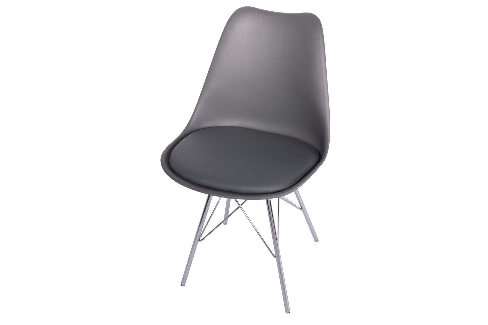 Junado® Schalenstuhl Lekues, Integriertes Kunstleder-Sitzkissen, Stuhl mit Gestell aus Chrom Grau