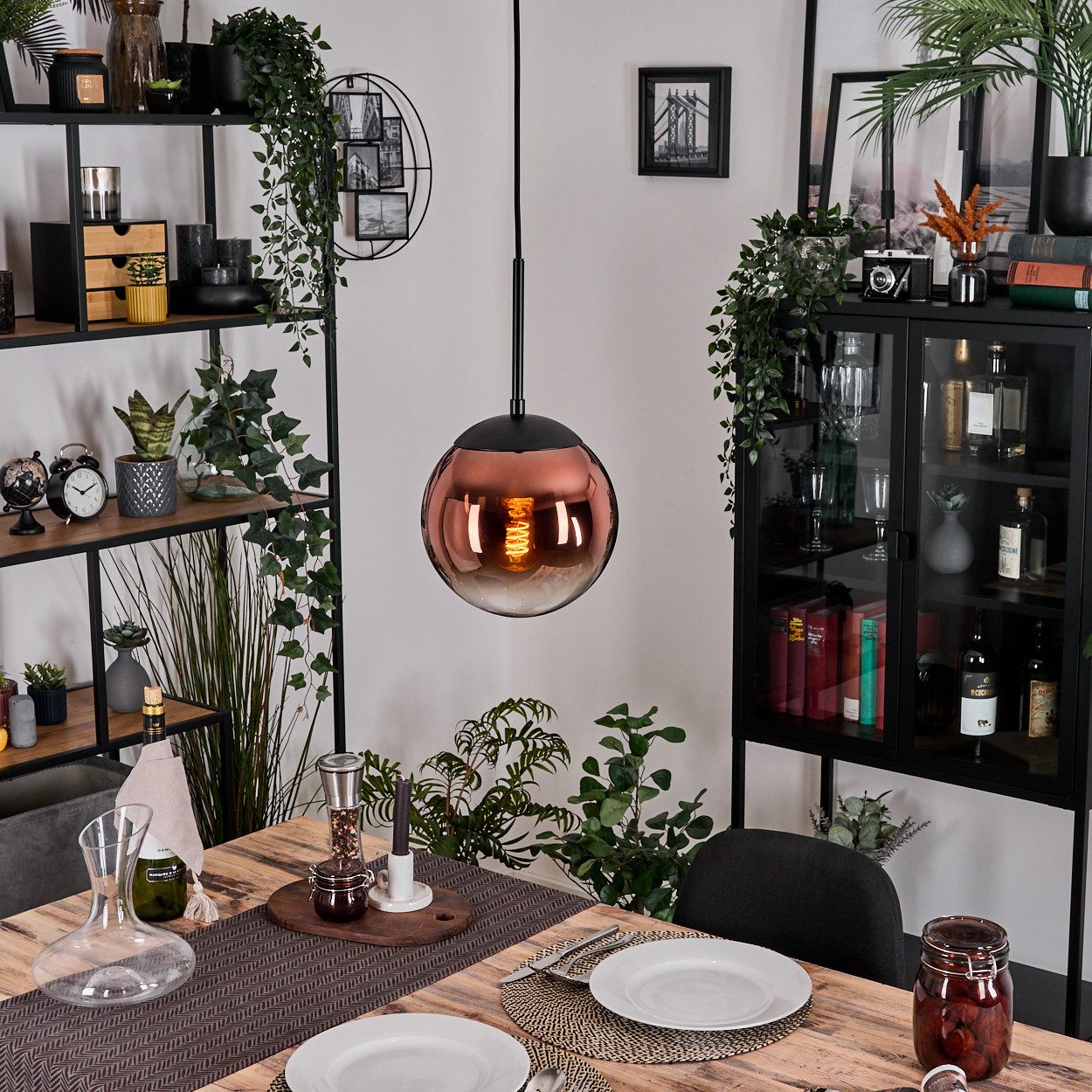 Hängeleuchte Hängelampe aus Metall/Glas in Schwarz/Kupferfarben/Klar