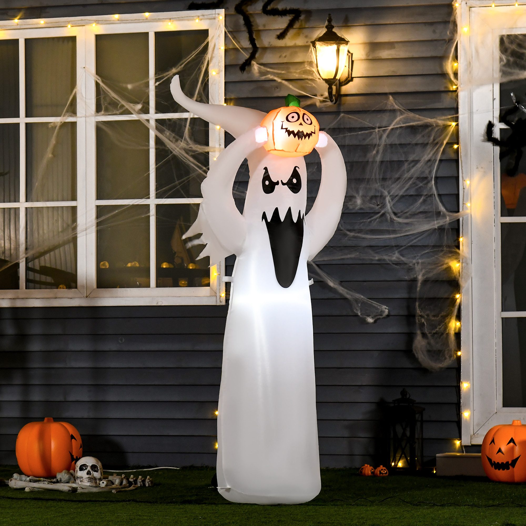 HOMCOM LED-Dekofigur aufblasbares Gespenst mit LEDs (Aufblasbare Dekoration, 1 St., Halloween Dekoration), Weiß+Orange Polyester 80 x 40 x 180 cm