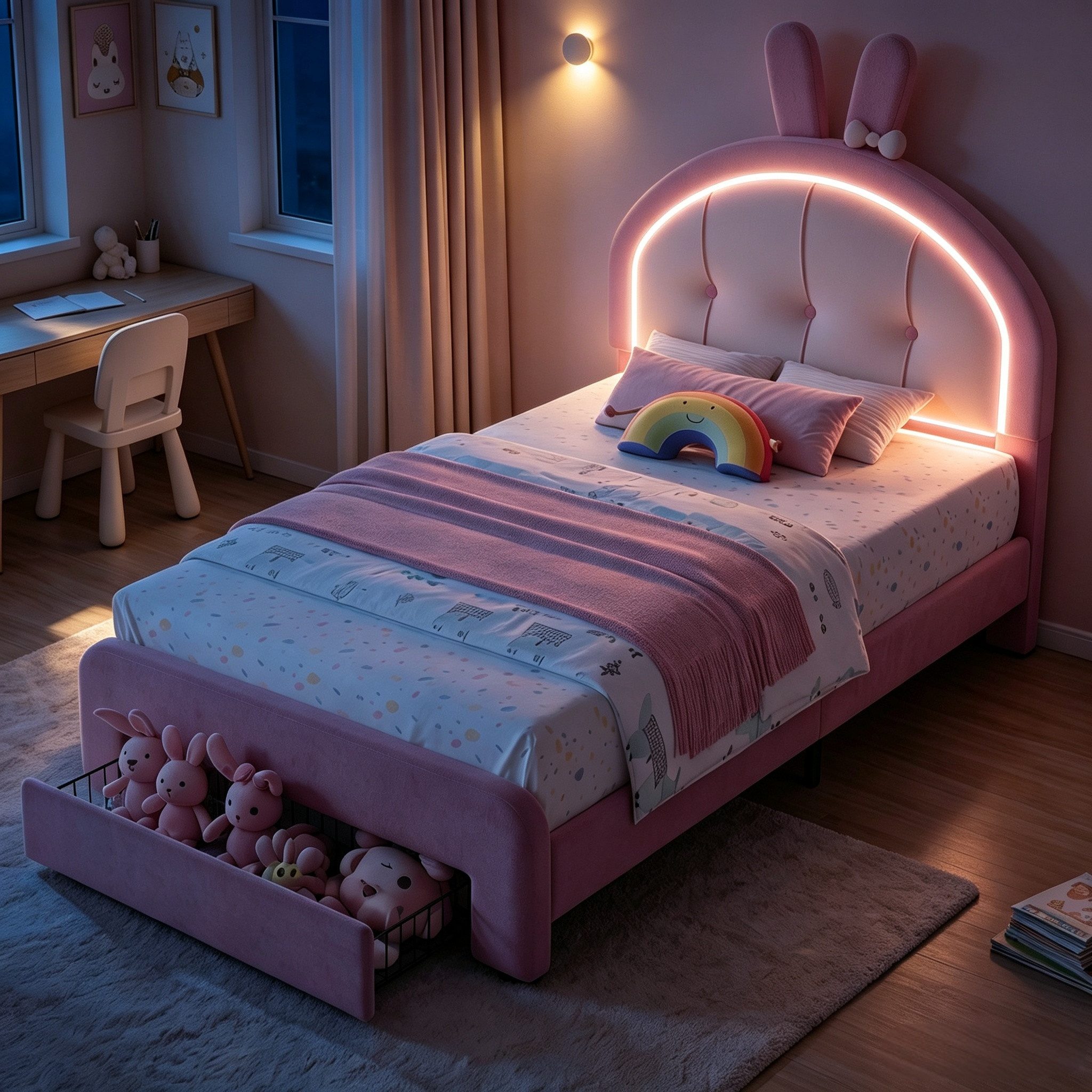 Furnishings Home Kinderbett Polsterbett LED mit Kopfteil 90x200 cm (Einzelbett mit LED-Beleuchtung), Geeignet für Jungen und Mädchen