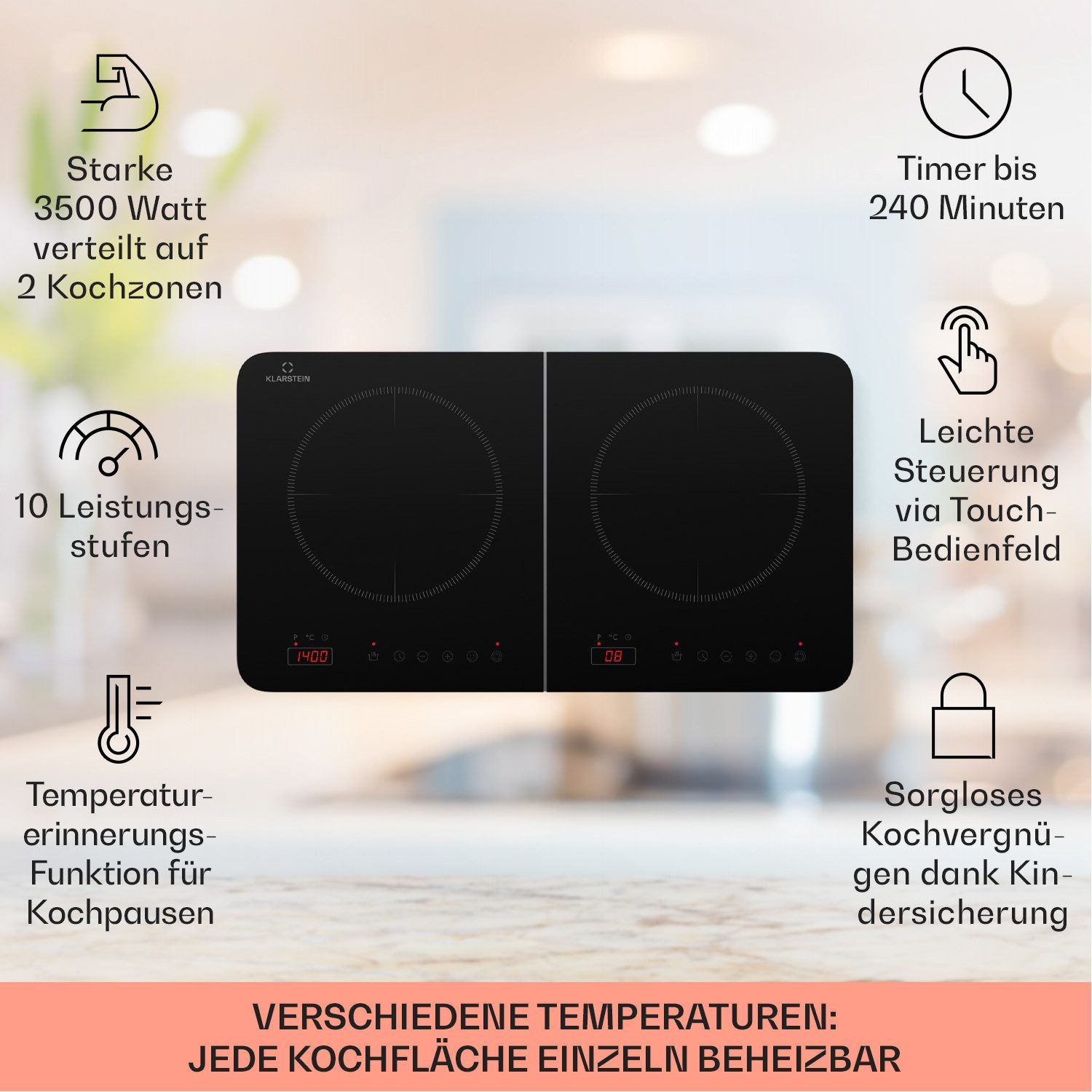 Klarstein Induktions-Kochfeld Cookio, Elektrokochfeld Induktion Überhitzungsschutz Topfsensor