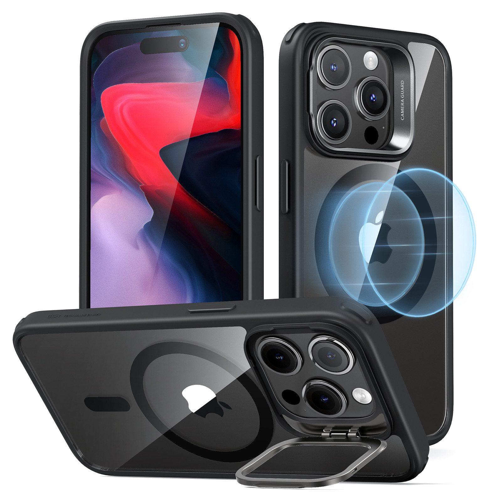 ESR Handyhülle Classic Hybrid HaloLock Case mit Stash Stand für iPhone 15 Pro 6,12", Militärnorm MIL-STD-810H 516.8 testzertifiziert, Air-Guard-Ecken