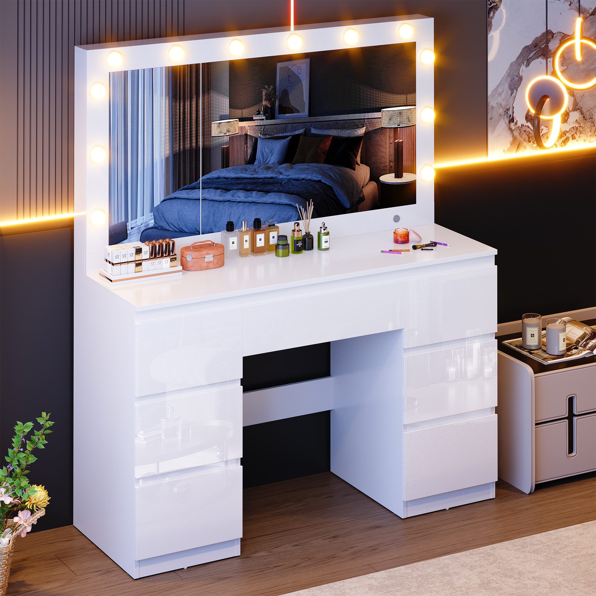 Furnicopia Schminktisch Großer verspiegelter Schminktisch mit sieben Schubladen (Abmessungen: 120 × 40 × 140 cm, 2 Steckdosen, 1 USB-Anschluss, 1 Typ-C-Anschluss. Spiegeldurchmesser: 106 cm. Inklusive Schmuckschrank mit speziellen Fächern für Halsketten, Ringe und Ohrringe-ostern geschenke)