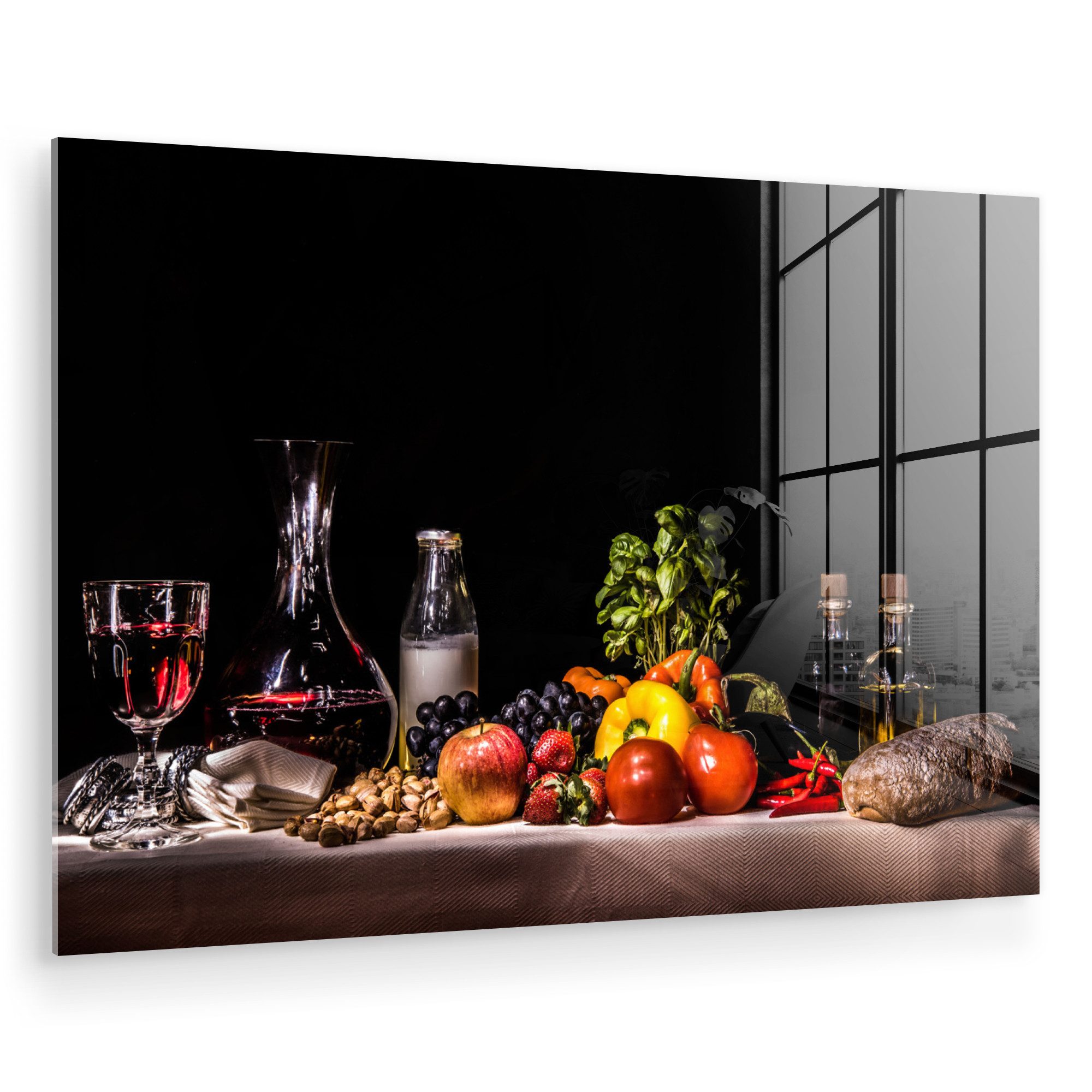 MuchoWow Acrylglasbild Stilleben - Essen - Trinken - Obst - Schwarz, Inkl. Aufhängung, Glasbilder Wohnzimmer, Schlafzimmer, Flur & Esszimmer, 30x20 cm