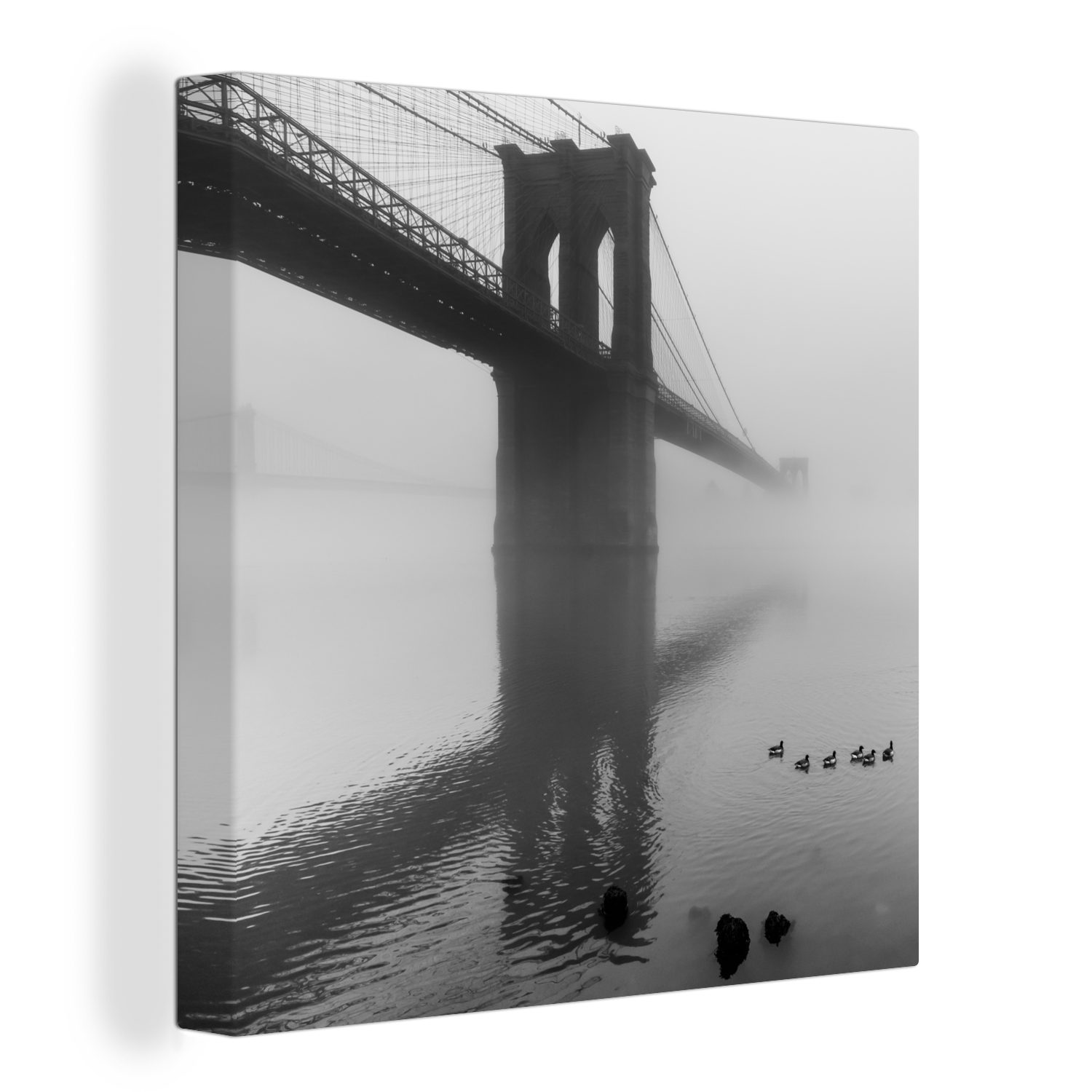 Hervorragende Qualität OneMillionCanvasses® Leinwandbild Bridge Nebel Leinwand Wohnzimmer Bilder für die New bedeckt in Schlafzimmer schwarz-weiß, St), Brooklyn in York (1