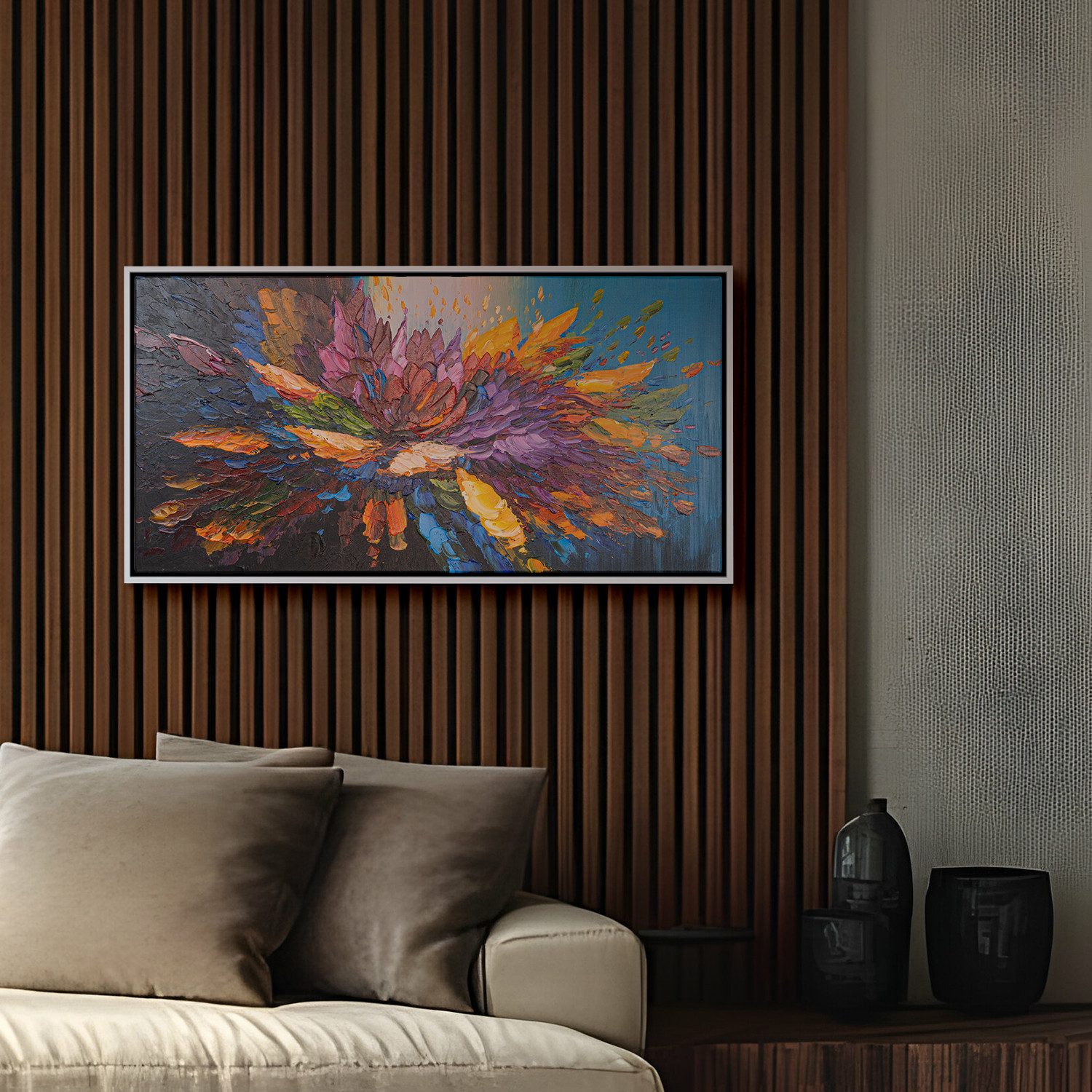 AUREDAS Gemälde "Tanz der Farben", 160x80cm, Gemälde, Rahmen weiß, Blüte, Abstrakt, Gemälde mit Strukturpaste und Acrylfarbe, Panorama Format