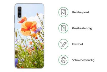 MuchoWow Handyhülle Blumen - Mohn - Frühling - Natur - Rot - Blau, Phone Case, Handyhülle Samsung Galaxy A70, Silikon, Schutzhülle