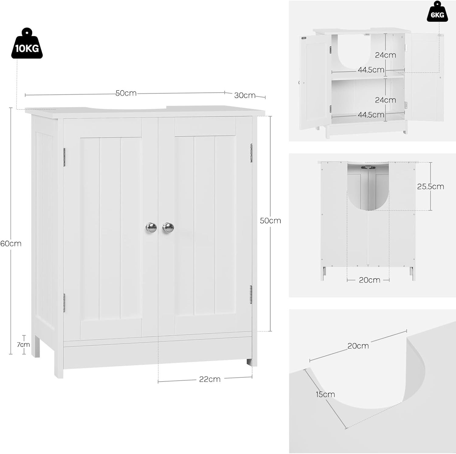 Woltu Waschbeckenunterschrank Badunterschrank, Verstellbarer Einlegeboden, weiß, 50x60x30 cm – Bild 3 von 5