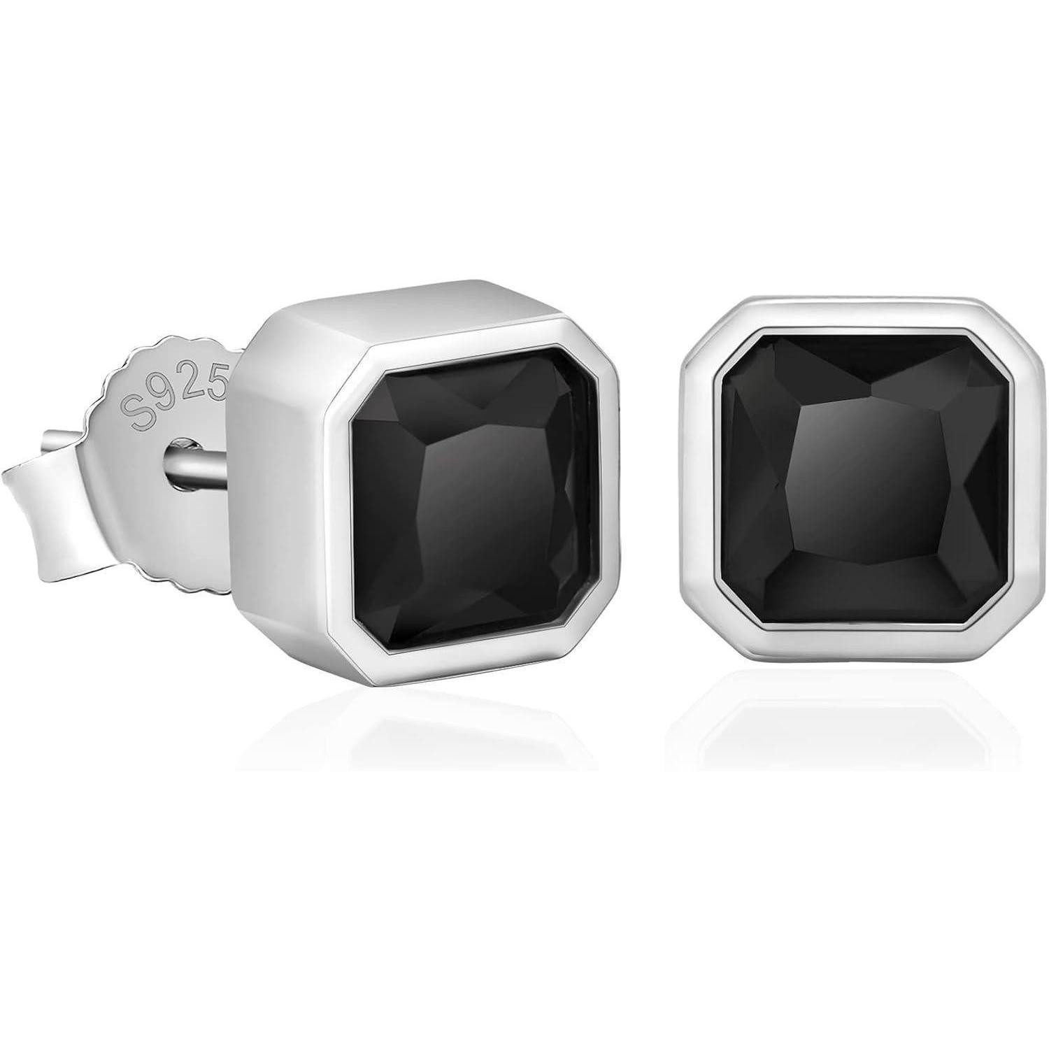 LuxusKollektion Ohrring und Ketten Set Schwarze Onyx Ohrringe 925 Silber Herren 8mm allergiefrei