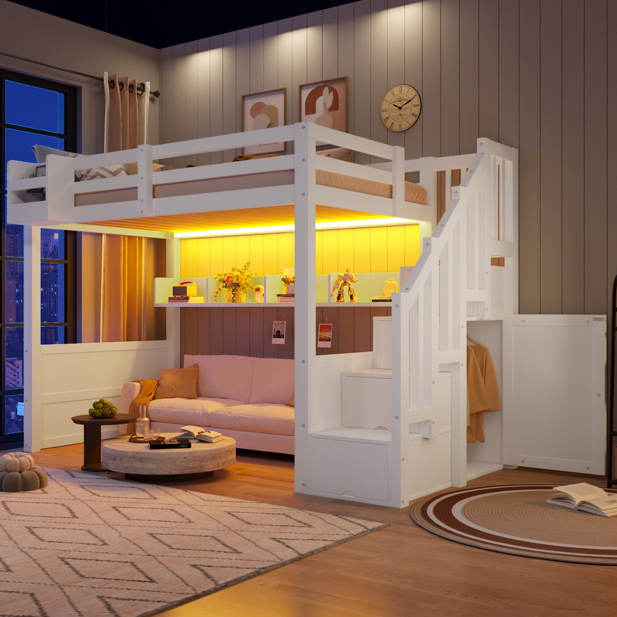 MODFU Hochbett Schlafplatz mit Treppe, Schrankelementen und viel Stauraum (Packung, 1-St., Robustes Holzgestell für platzsparende Raumgestaltung) 90x200 Kinderbett Weiß aus Holz mit LED Beleuchtung ohne Matratze